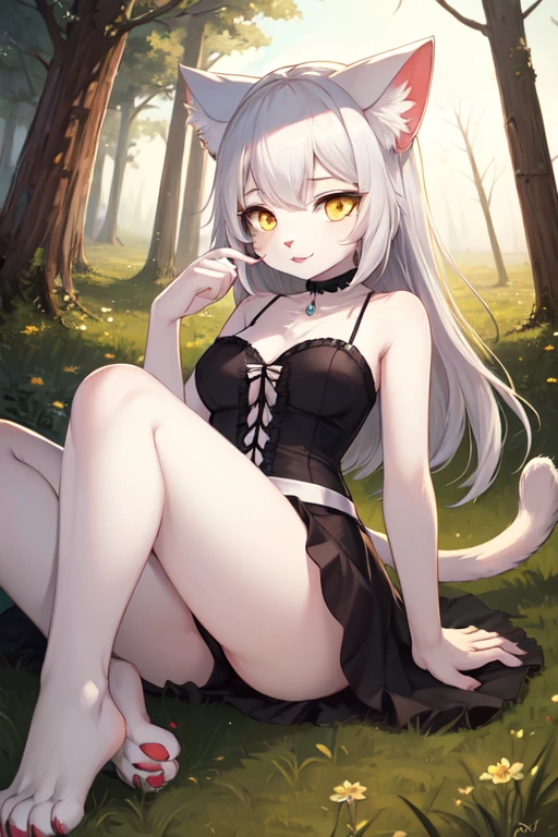 masterpiece, best quality, furry, Beast field, girl,cat, white cat, cat ear, cat tail, cat eyes, Yellow eyes, fur, Silver Hair, cat paws