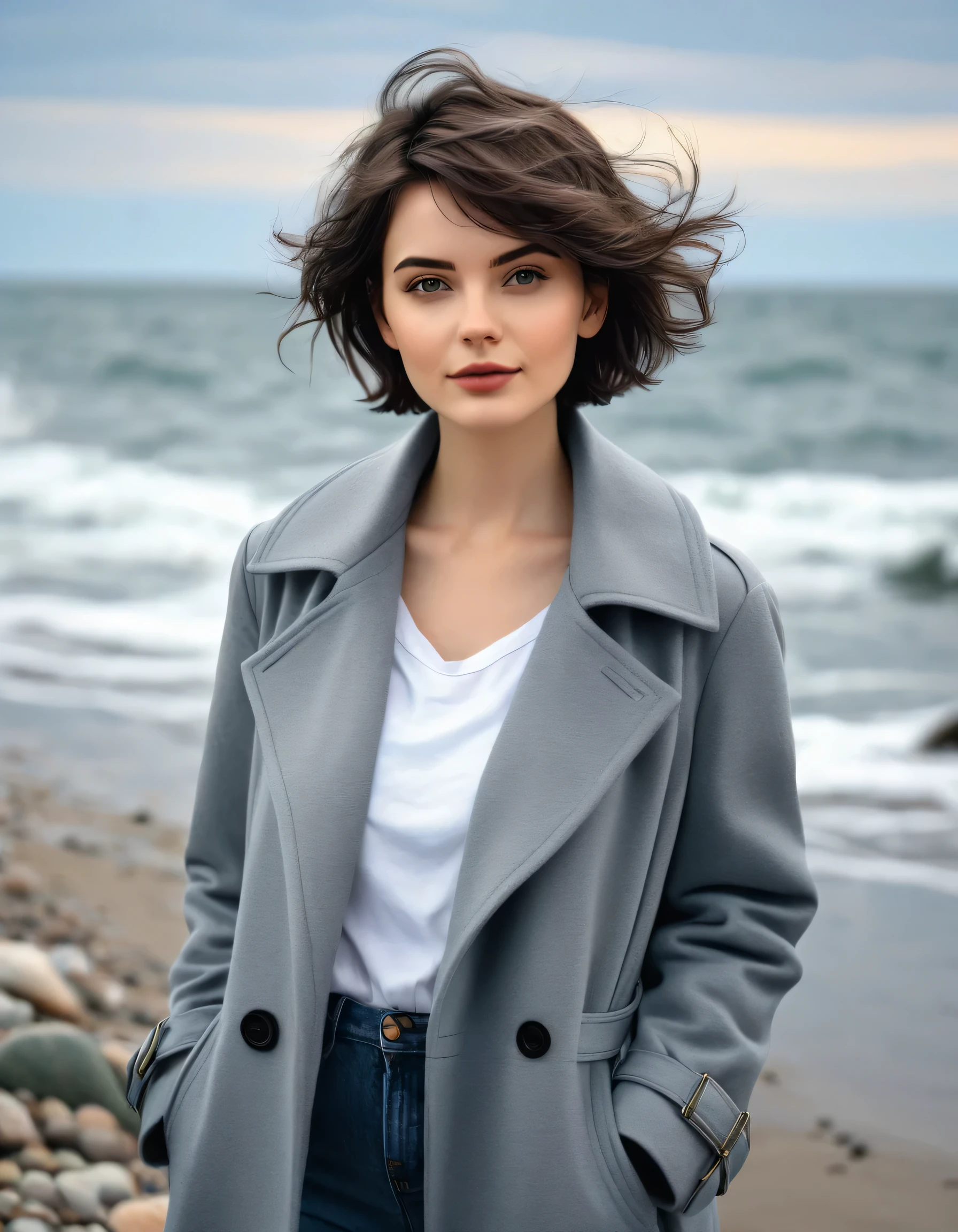 Beautiful girl on the shore by the sea, gray coat, Thick short hair, 2024 year , the art is drawn in the form of a comic book