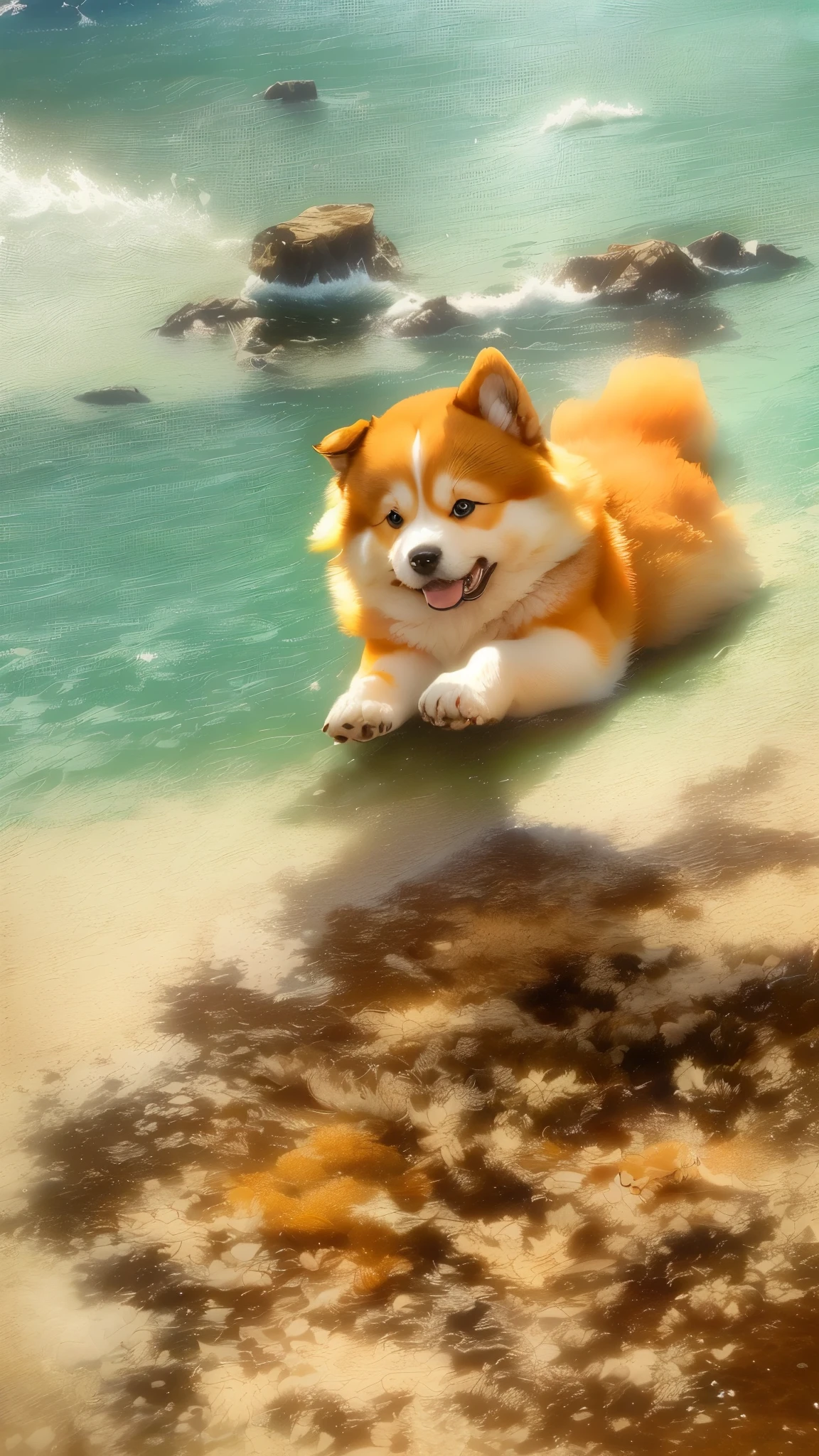 有一只puppy躺在地上, mix, puppy,Hiromi dog, very fluffy,Orange furry belly, Extremely fluffy, Climbing towards the camera, Shiba Inu, cute dog,At the beach