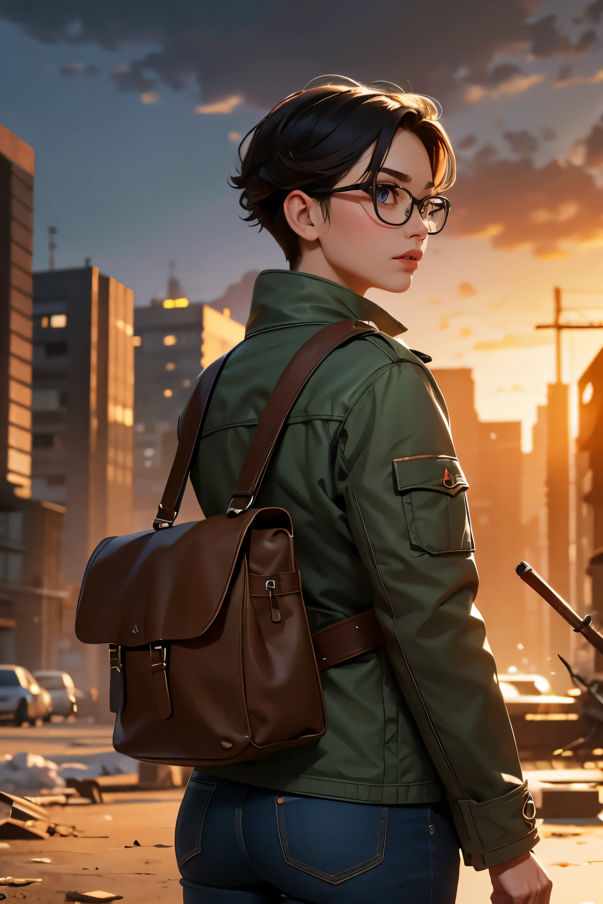 Wide angle, view from behind, a pretty girl messenger, wearing large glasses, undercut hair, wearing postal uniform, in a post-apocalyptic world
