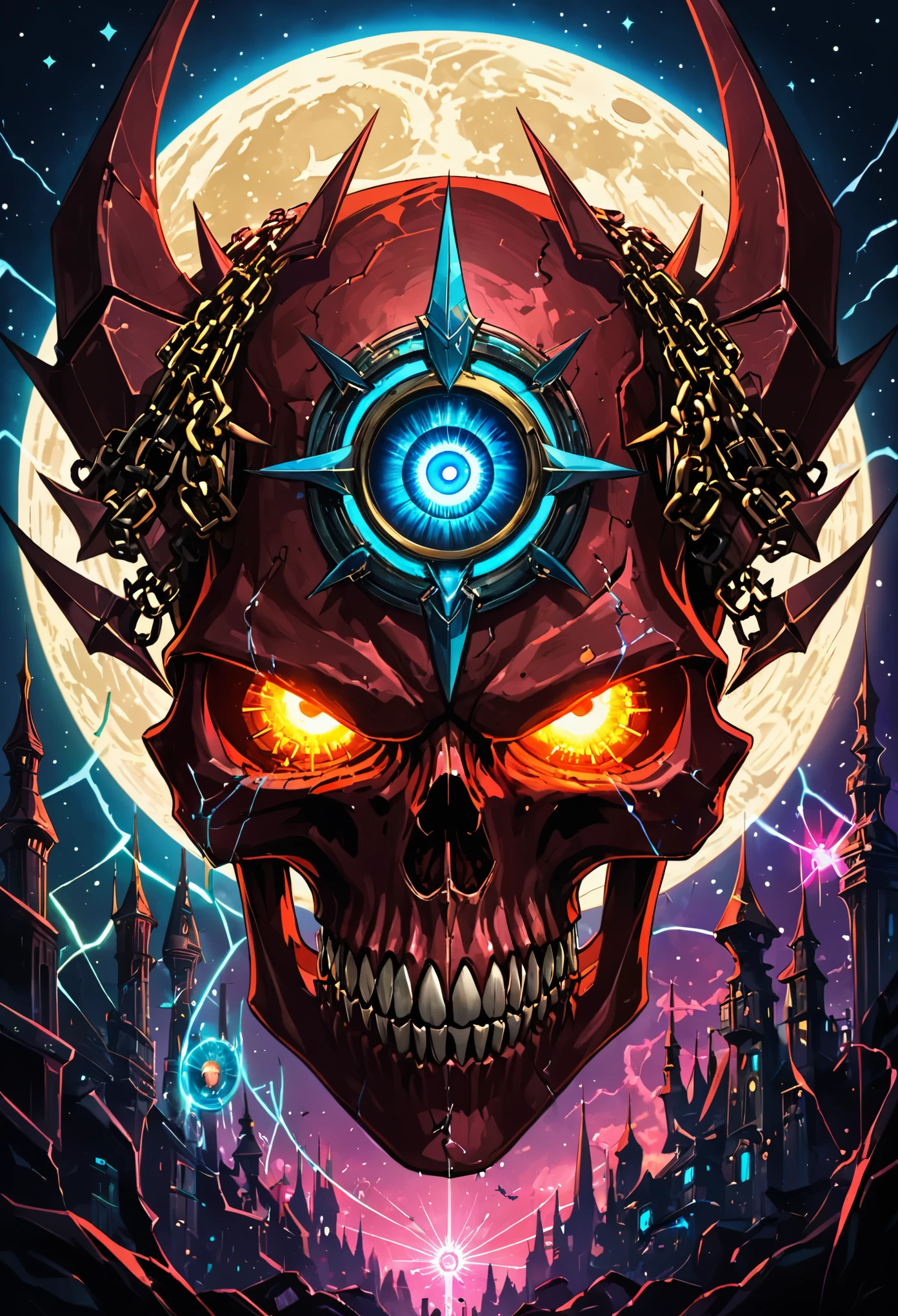 A red skull, dragon portrait, Rostland, Benedict Barna, Morel, (((Gold Jewelry))), (The moon becomes the pupil of the eye:1.8), Miracle, Dark atmosphere, Black Forest, ((Neon flashing)), ((Blue Arc)), Characteristics of dragons, Dragon skull, Jewelry accessories, Diffraction peak, Vibrant colors、Bokeh、portrait、landscape、Fear、cartoon、Science fiction, photography, Concept Artist, Steel claws, Steel Fang, word graffiti, Electronic Links, Metal chains, Diffraction spike