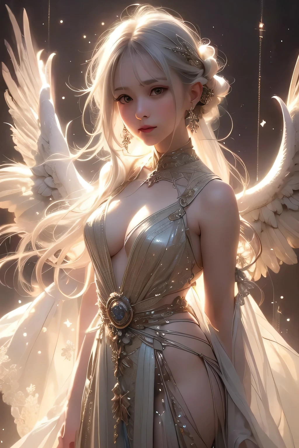 Night scene、(White Wings 1.2),(White feathers falling in the background 1.1)， （（masterpiece））， （detailed：1.4），Realistic、 Beautiful Woman Images，High resolution（High Dynamic Range），Ray Tracing，NVIDIA，Super Resolution，PBR Textures，Post-processing，Anisotropic Filtering，Maximum depth of field resolution and crisp layer textures，Albedo and Specular Maps，Surface Shading，Accurate simulation of material interactions，Perfect balance，Rendering with Octane，2-color light，Large Diameter，Low ISO，White balance，Rule 3 points、8K raw data、Backlight、（Gray hair that changes with light、Long bangs that block the view、Long, lustrous white hair、Smooth and straight hair、white hair fluttering in the wind、Beautiful bangs）、（Beautiful white and shining skin、Cheek gloss highlight、Sexy and very beautiful and adorable face、The most beautiful face in the world、Big, sparkling blue eyes）、（A cute 25 year old girl、Ample breasts、Small waist、delicate shoulders、Perfect figure）、Beautiful dress、From an angle
