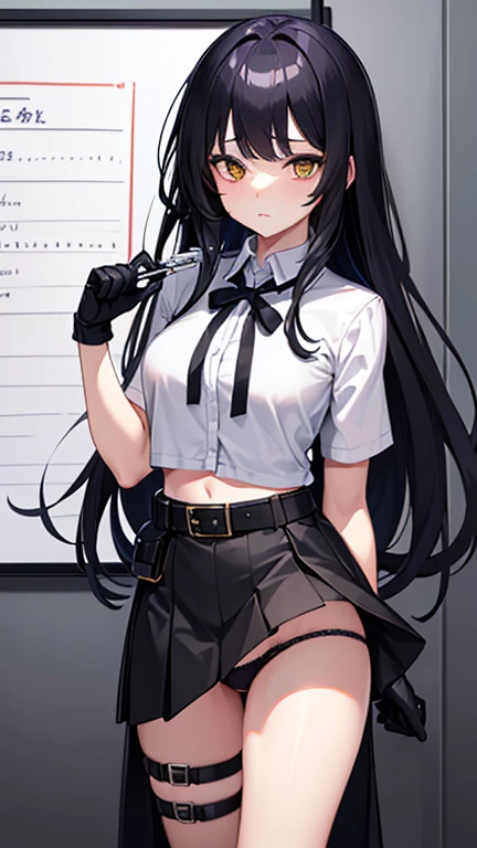 high quality、20generation((whole body、woman、Yellow Eyes、Black and white long hair、Short shirt with a hem、Black gloves、Belt with holster、stomach、I have a pen、A long black skirt that shows off your legs、Skirt flip、Purple ribbon、White underwear、Panties in full view、Clothes are not taken off、Erotic、)) background((Whiteboard)) Written boundary depth、Visual Arts、high resolution、beautiful