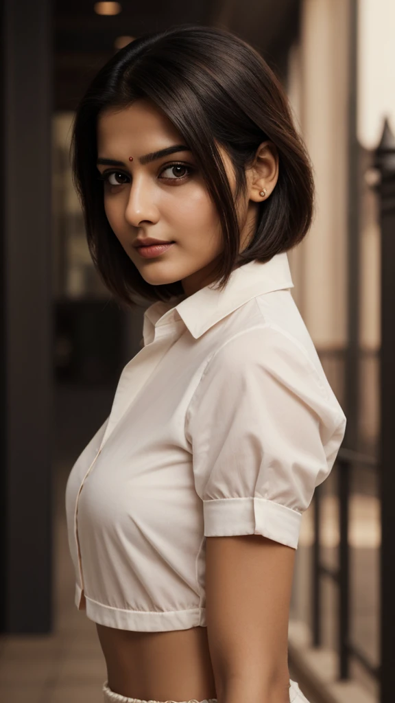 craft a hyper realistic vertical photo of Indian most attractive serious woman in her 20s in panty, trending on artstation, portrait, digital art, modern, sleek, highly detailed, formal, serious, determined, CEO, colorized, smooth, charming, pretty, soft smile, soft lips, black eyes, Trendsetter wolf cut brown hair,