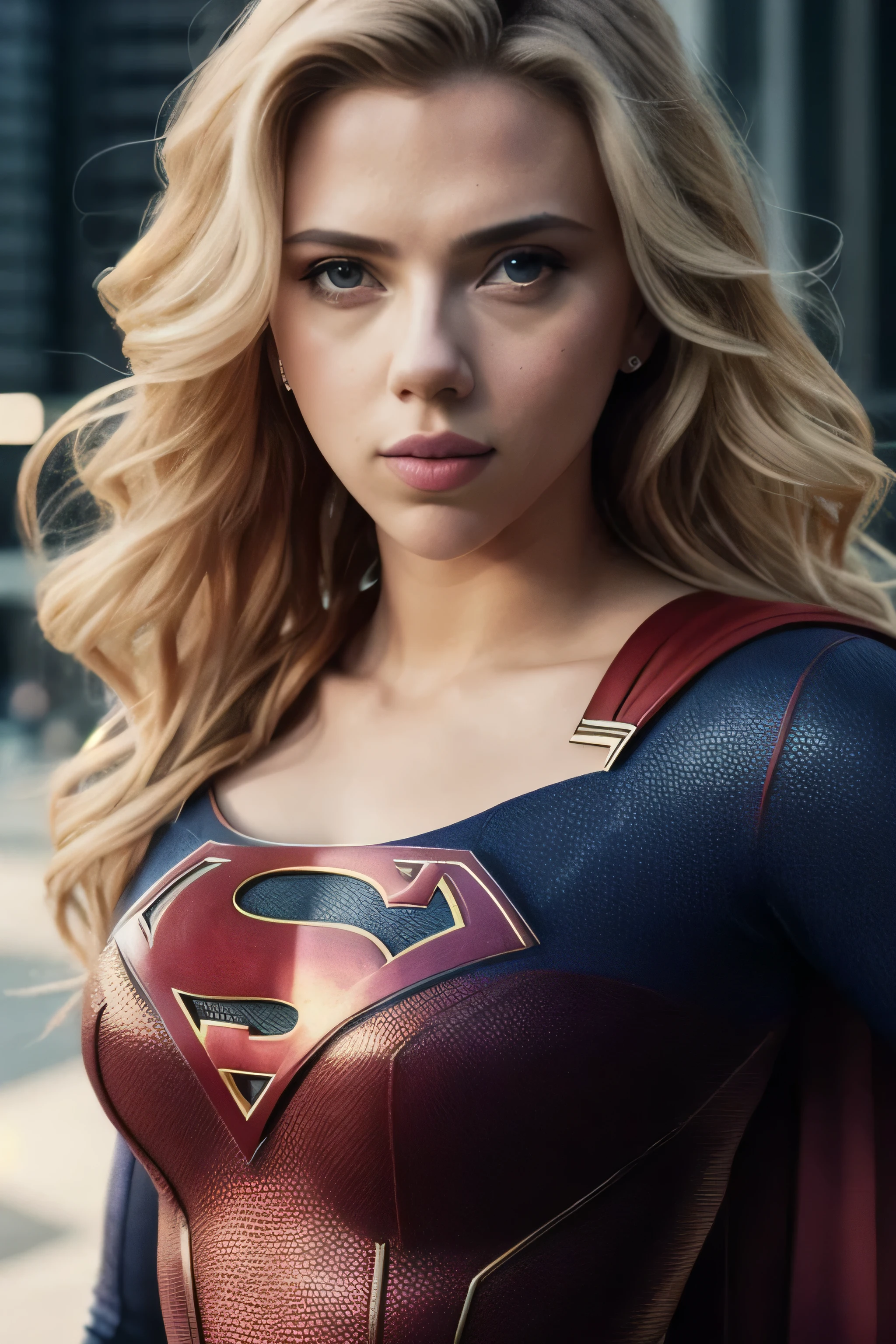 Scarlett Johansson, hyper realistic photograph, detailed face, film grain, Kodak portra 800, f1.8, supergirl costume style,full body
