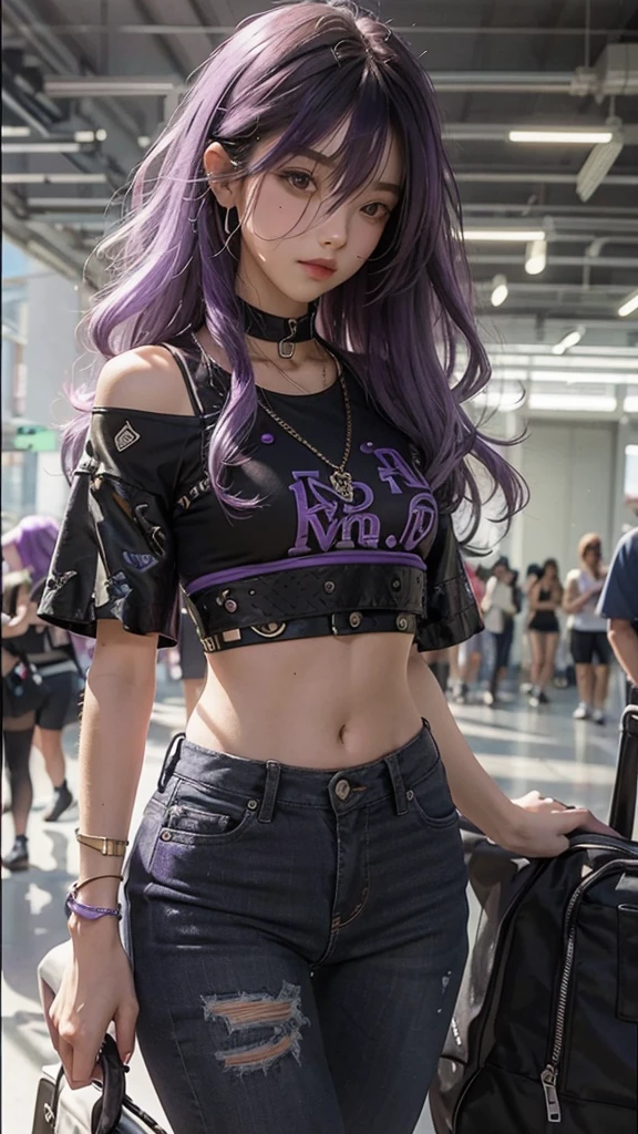 Beautiful girl, slim fit body , crop top, mini skirt , purple hair