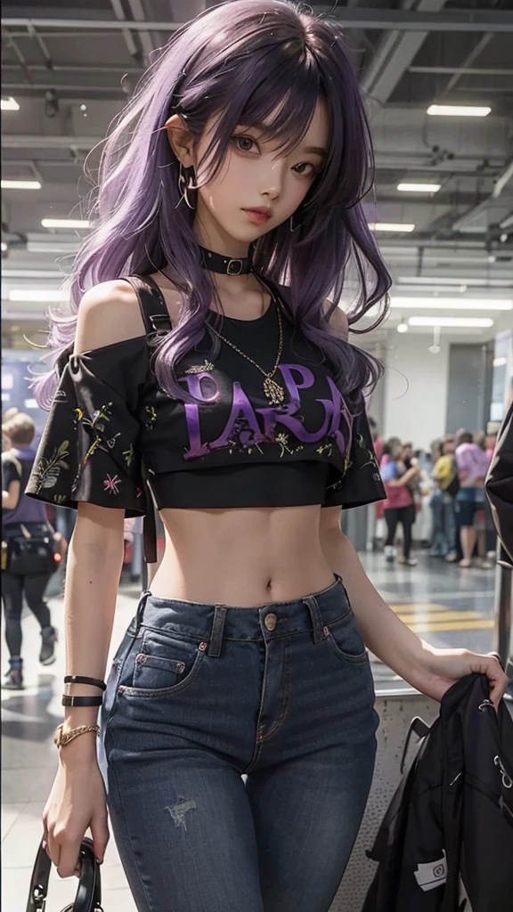 Beautiful girl, slim fit body , crop top, mini skirt , purple hair