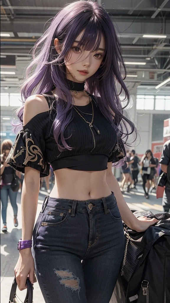 Beautiful girl, slim fit body , crop top, mini skirt , purple hair