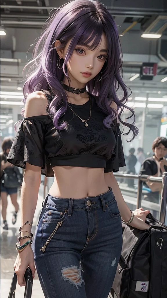 Beautiful girl, slim fit body , crop top, mini skirt , purple hair 