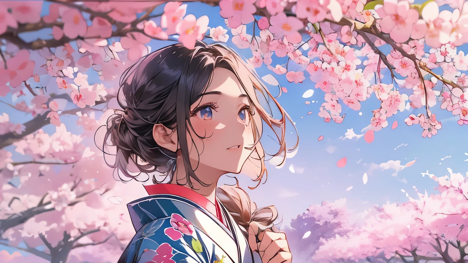 {{masterpiece, highest quality, Highly detailed CG, 8k wallpaper, 3D, Cinema Lighting}}、Rows of cherry blossom trees in full bloom、A girl with a calm expression under the cherry blossom tree、kimono、A fantastic atmosphere、Petals fluttering、Quiet landscape、The contrast between the blue sky and the pink cherry blossoms、Soft natural lighting
