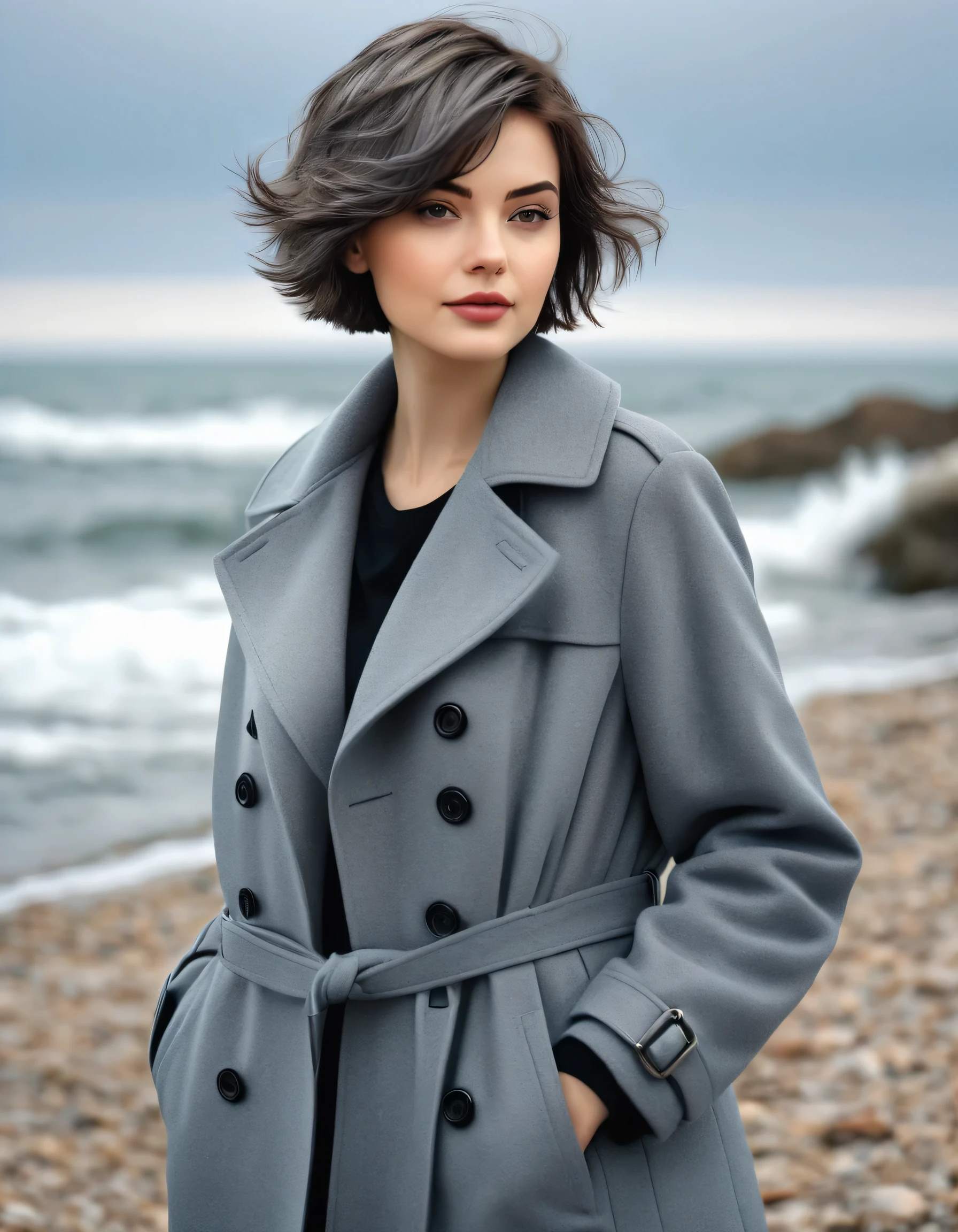 Beautiful girl on the shore by the sea, gray coat, Thick short hair, 2024 year , the art is drawn in the form of a comic book