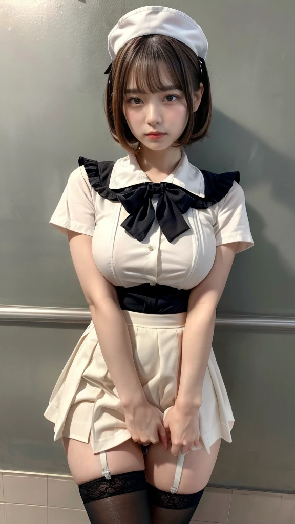 muste piece, best quality, illustration, Super detailed, fine details, High resolution, 8K,wall paper, perfect dynamic composition,(Details High quality, realistic depiction of eyes:1.3), Hospital Rooms、White nurse cap、White tights、White nurse uniform、to stand、Hand skirt、Flipping up a white skirt, large breasts,short bob hair, black hair color, Big Natural Color Lip, bold sexy pose, crying a little、cold gaze, Harajuku style、30 year old girl、cute type、ta、beautiful legs, hposing Gravure Idol