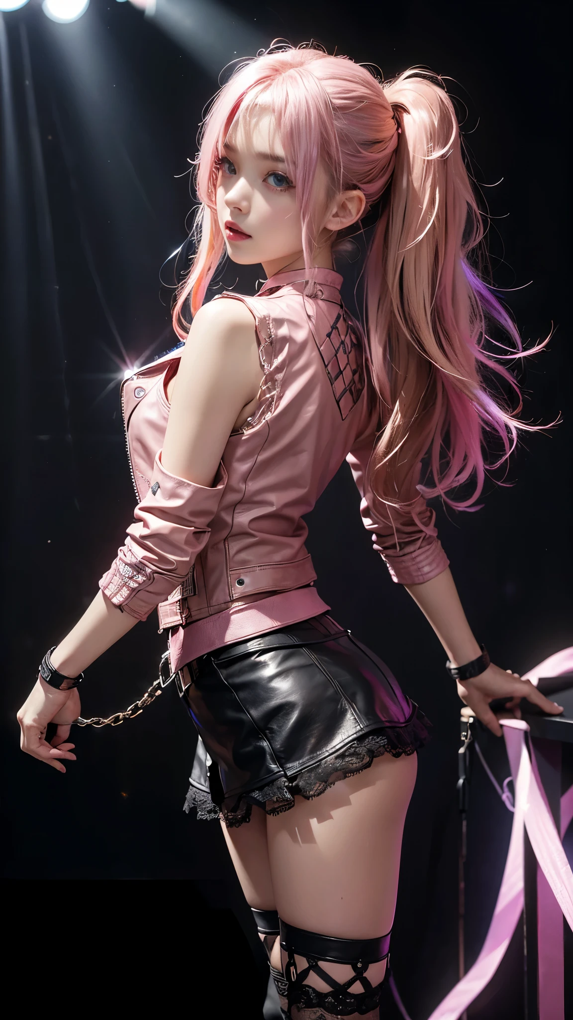 8K, ultra hd, masterpiece, hd colors, 1 girl, perfect face, very long curly hair, detailed eyes, rockstar outfit, ((pink leather jacket)), ((thin vest)), short mini skirt, belt:1.5, stocking, ((criss-cross lace)), ((chain)), stars, bare shoulder, jwellery, Realistic club, lighting stage, (spot light:1.5), night club, decorated stage, bulbs, (colorful light:1.5), bloom lighting, foggy effect, back pose,