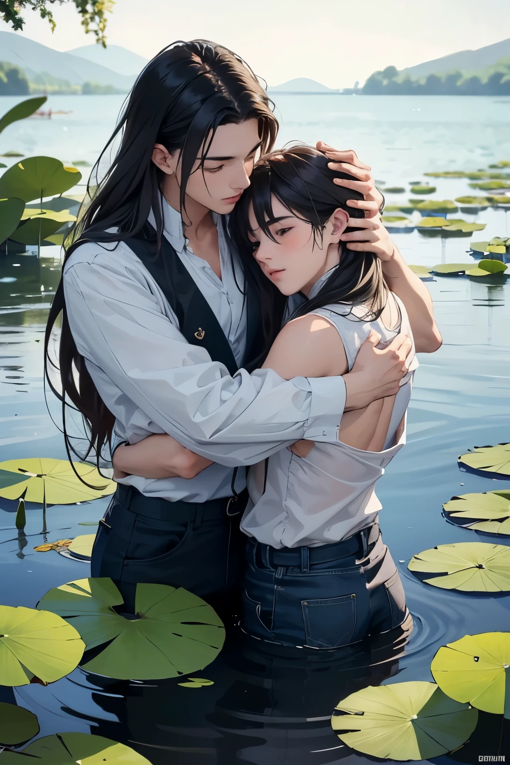 Two men are hugging. One man's left hand is holding the other man's waist. His right hand is holding the back of his head and kissing his hair. Both of them have long hair. Their lower bodies are in the lake. There are fish and water plants in the lake. There are water lilies, dragonflies and frogs on the lake. 