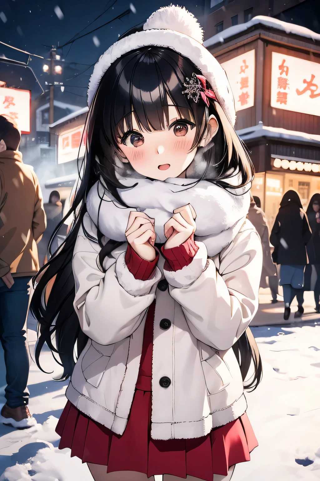 High resolution、one young girl、It's snowing lightly、Meet in front of the station in winter、I'm waiting with red cheeks、white fluffy clothes、red muffler、mini skirt、