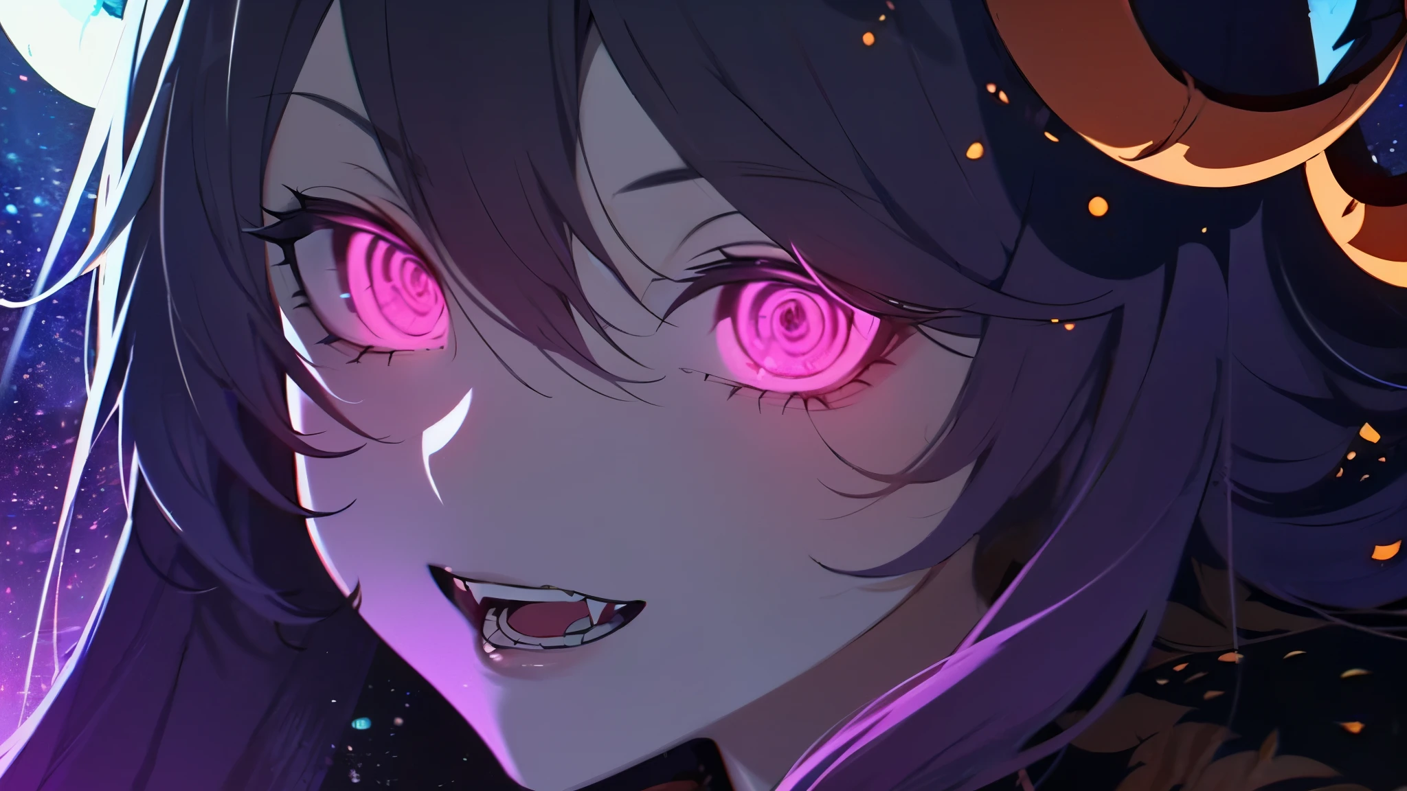 a close up of a woman with horns, glowing eyes, excited but crazy about you, swirling pupils, luminescence, vampire teeth, witch, supernatural, ghostly, alternative, apartment room, spooky Halloween time!, purple and oranges,