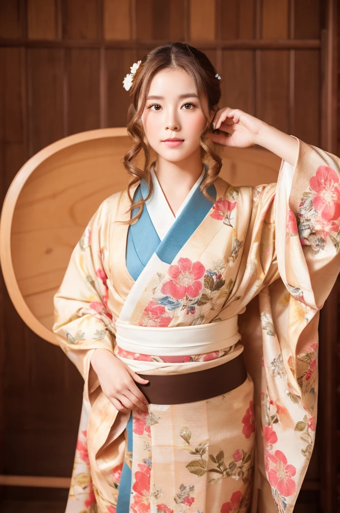 japanese girl cute　Cream kimono　Brown hair　A woman wearing a kimono　18-year-old　Traditional Traditional beauty　Photo shoot in a photo studio　Portrait Style　Japanese hairstyle