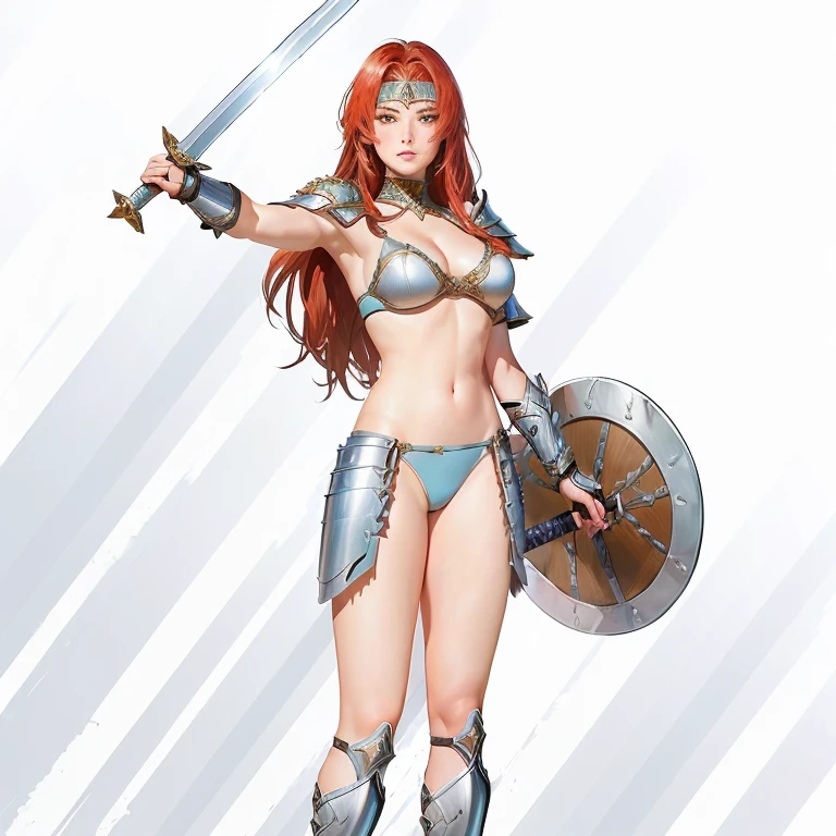 Cartoon drawing of a woman in armor holding a sword,(Bikini Armor), He wears metal pants,north adult Woman warrior, Muscular,She has a sword, Woman warrior, 美しいWoman warrior, very beautiful female barbarian, 野蛮なWoman warrior, beautiful Woman warrior, Valkyrie-style characters, north Woman warrior, She's ready to fight, Fantasy Paladin Female, warrior dnd character, of a beautiful female knight, female barbarian
