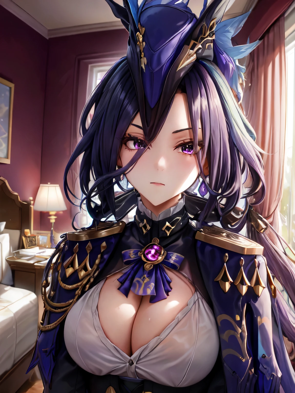 Masterpiece, best quality, highres, highly detailed, 1 girl, long hair, purple hair, purple eyes, large breast, she wet, sexy poses, inside, lying onbed , looking at viewers, camera angle from top of bed, full body shoot