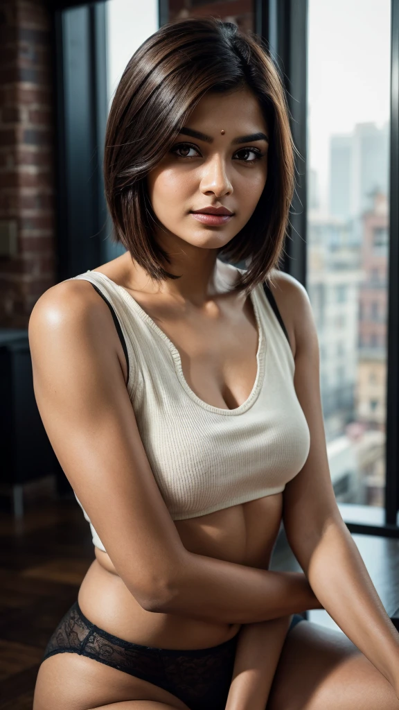 craft a hyper realistic vertical photo of Indian most attractive serious woman in her 20s in panty, trending on artstation, portrait, digital art, modern, sleek, highly detailed, formal, serious, determined, CEO, colorized, smooth, charming, pretty, soft smile, soft lips, black eyes, Trendsetter wolf cut brown hair,