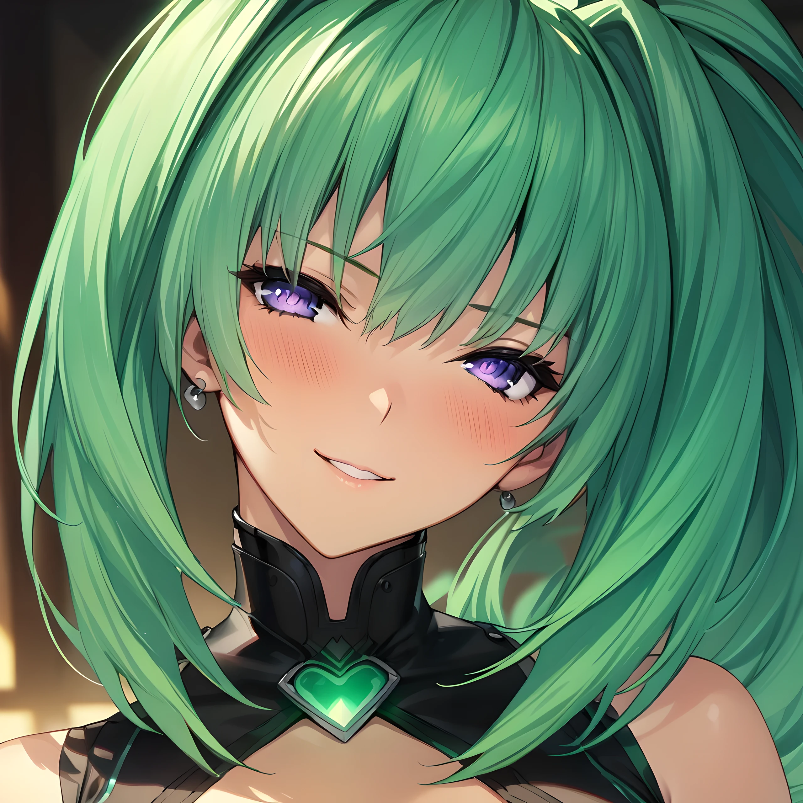 (masterpiece),(best quality),(ultra-detailed),(best illustration),(best shadow),(absurdres),(detailed background),(very aesthetic), 1girl, solo, green heart, purple eyes, power symbol, symbol-shaped pupils, seductive smile, portrait,