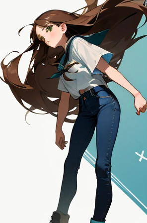 • a female student,
-description:
>Long brown hair,
>green eyes,
>1.50 cm tall,
>,
-wearing:
>white shirt,
>blue jeans,
>black shoes and white socks.
-image background:
>school building,
>in the background,