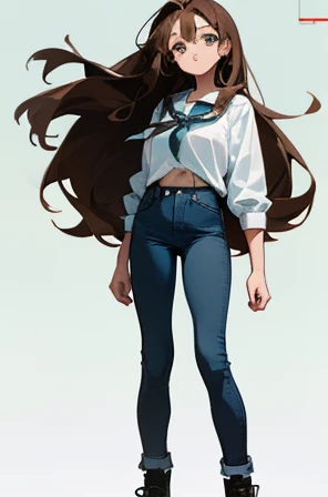 • a female student,
-description:
>Long brown hair,
>green eyes,
>1.50 cm tall,
>,
-wearing:
>white shirt,
>blue jeans,
>black shoes and white socks.
-image background:
>school building,
>in the background,