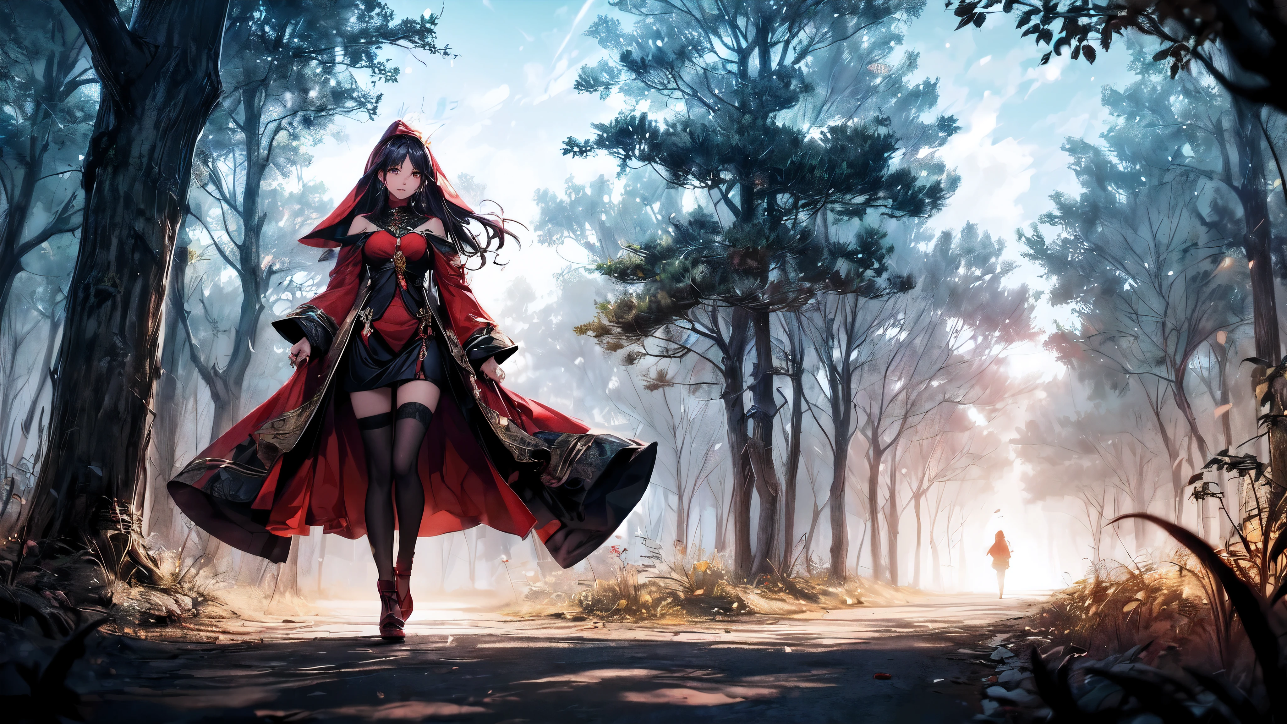 (a woman in a red dress and red cloak walking in a forest, wearing a beautiful red cloak, Alice X. Zhang, anime wallpaper 4k, anime art wallpaper 4k, thief little red riding hood, anime art wallpaper 4k, 4k anime wallpaper, beautiful fantasy anime, red hood mage, anime art wallpaper 8k)