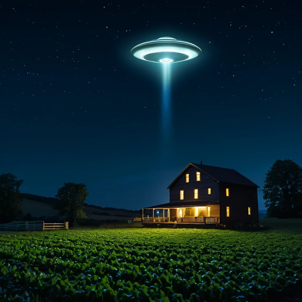 A UFO floats just above a little farm house, night time