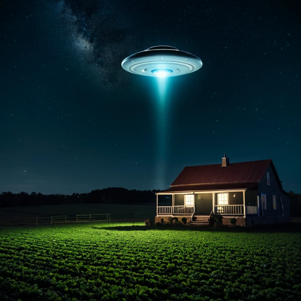 (best quality,4k,8k,highres,masterpiece:1.2),ultra-detailed,(realistic,photorealistic,photo-realistic:1.37),UFO floating,night scene,small farmhouse,extraterrestrial visitors,soft illuminating glow,peaceful countryside,shimmering stars,tranquil atmosphere,eerie silence,subtle moonlight,gentle breeze, farmhouse surrounded by a vast open field,large windows on the house,slightly ajar wooden door,typical barn in the distance,crisp night air,countryside tranquility,new moon,illuminated UFO flying saucer shimmering with a soft light,aliens observing,beam of light coming from the UFO,mesmerizing and unknown technology,extraterrestrial presence,cosmic mystery,hidden secrets,breathtaking surreal scene,mystical encounter,awe-inspiring close encounter,remote location,hushed whispers of the wind,lush green grass,serene ambiance,enchanted night sky,supernatural phenomenon,every blade of grass swaying gently
