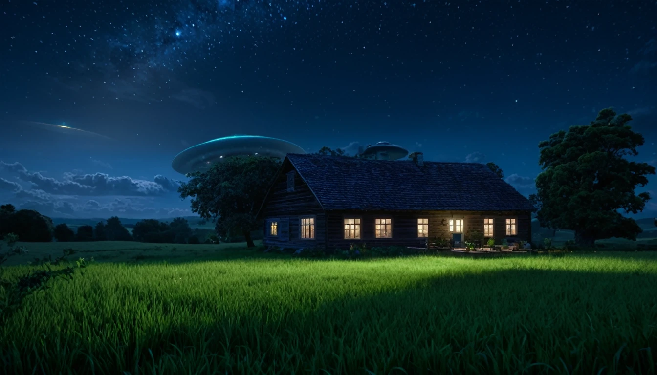(best quality,4k,8k,highres,masterpiece:1.2),ultra-detailed,(realistic,photorealistic,photo-realistic:1.37),UFO floating,night scene,small farmhouse,extraterrestrial visitors,soft illuminating glow,peaceful countryside,shimmering stars,tranquil atmosphere,eerie silence,subtle moonlight,gentle breeze, farmhouse surrounded by a vast open field,large windows on the house,slightly ajar wooden door,typical barn in the distance,crisp night air,countryside tranquility,new moon,illuminated UFO flying saucer shimmering with a soft light,aliens observing,beam of light coming from the UFO,mesmerizing and unknown technology,extraterrestrial presence,cosmic mystery,hidden secrets,breathtaking surreal scene,mystical encounter,awe-inspiring close encounter,remote location,hushed whispers of the wind,lush green grass,serene ambiance,enchanted night sky,supernatural phenomenon,every blade of grass swaying gently
