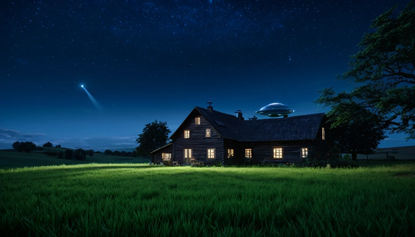 (best quality,4k,8k,highres,masterpiece:1.2),ultra-detailed,(realistic,photorealistic,photo-realistic:1.37),UFO floating,night scene,small farmhouse,extraterrestrial visitors,soft illuminating glow,peaceful countryside,shimmering stars,tranquil atmosphere,eerie silence,subtle moonlight,gentle breeze, farmhouse surrounded by a vast open field,large windows on the house,slightly ajar wooden door,typical barn in the distance,crisp night air,countryside tranquility,new moon,illuminated UFO flying saucer shimmering with a soft light,aliens observing,beam of light coming from the UFO,mesmerizing and unknown technology,extraterrestrial presence,cosmic mystery,hidden secrets,breathtaking surreal scene,mystical encounter,awe-inspiring close encounter,remote location,hushed whispers of the wind,lush green grass,serene ambiance,enchanted night sky,supernatural phenomenon,every blade of grass swaying gently