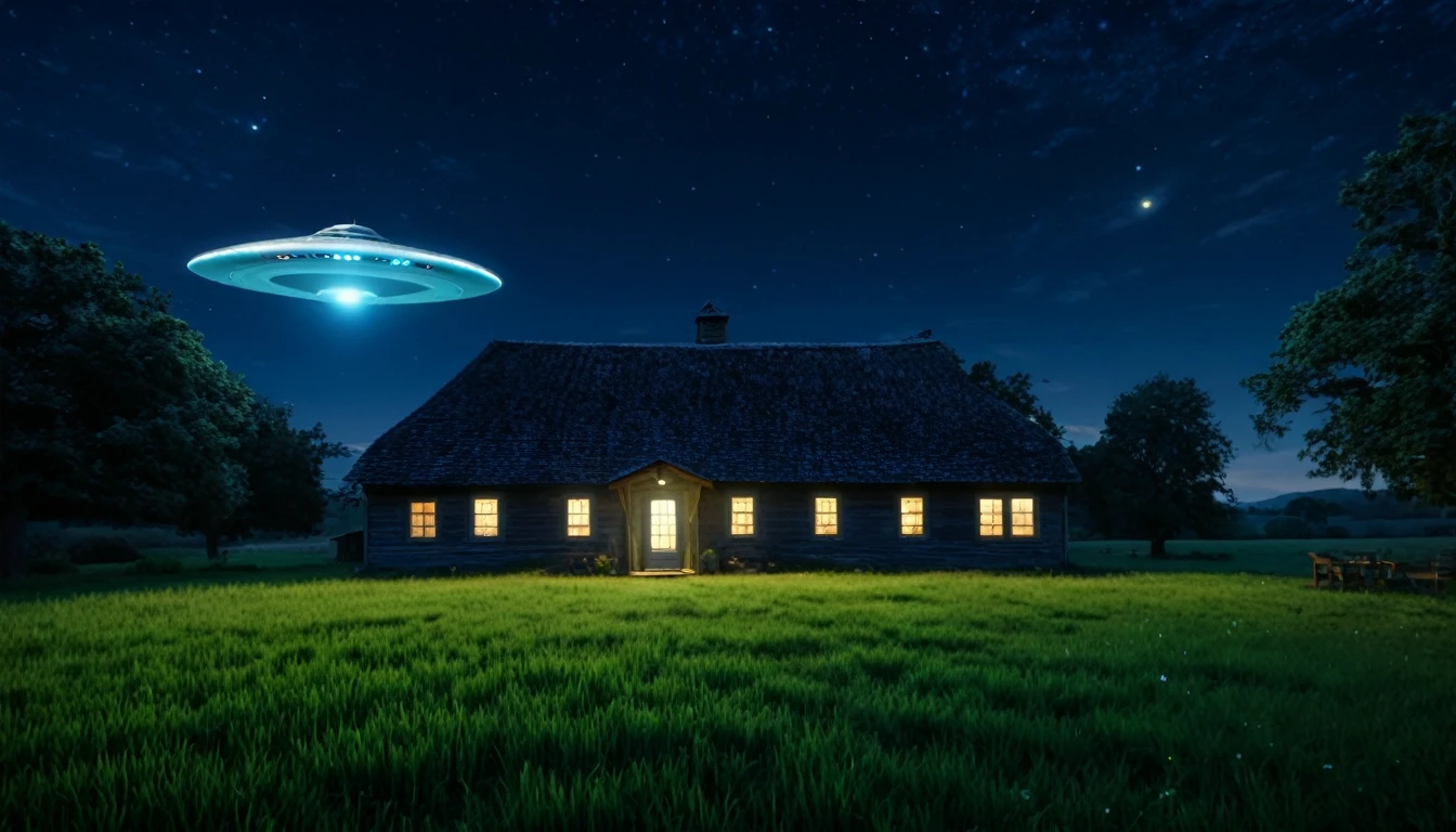(best quality,4k,8k,highres,masterpiece:1.2),ultra-detailed,(realistic,photorealistic,photo-realistic:1.37),UFO floating,night scene,small farmhouse,extraterrestrial visitors,soft illuminating glow,peaceful countryside,shimmering stars,tranquil atmosphere,eerie silence,subtle moonlight,gentle breeze, farmhouse surrounded by a vast open field,large windows on the house,slightly ajar wooden door,typical barn in the distance,crisp night air,countryside tranquility,new moon,illuminated UFO flying saucer shimmering with a soft light,aliens observing,beam of light coming from the UFO,mesmerizing and unknown technology,extraterrestrial presence,cosmic mystery,hidden secrets,breathtaking surreal scene,mystical encounter,awe-inspiring close encounter,remote location,hushed whispers of the wind,lush green grass,serene ambiance,enchanted night sky,supernatural phenomenon,every blade of grass swaying gently