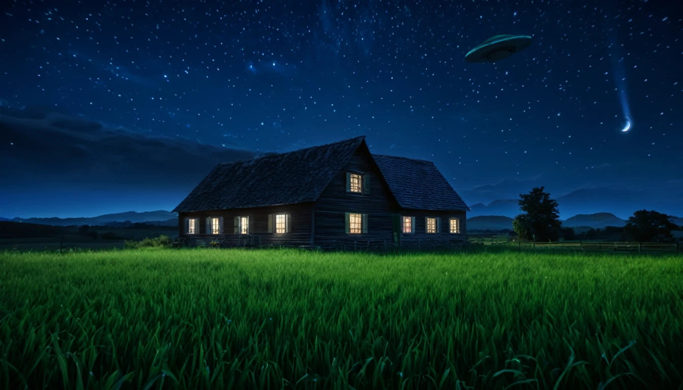 (best quality,4k,8k,highres,masterpiece:1.2),ultra-detailed,(realistic,photorealistic,photo-realistic:1.37),UFO floating,night scene,small farmhouse,extraterrestrial visitors,soft illuminating glow,peaceful countryside,shimmering stars,tranquil atmosphere,eerie silence,subtle moonlight,gentle breeze, farmhouse surrounded by a vast open field,large windows on the house,slightly ajar wooden door,typical barn in the distance,crisp night air,countryside tranquility,new moon,illuminated UFO flying saucer shimmering with a soft light,aliens observing,beam of light coming from the UFO,mesmerizing and unknown technology,extraterrestrial presence,cosmic mystery,hidden secrets,breathtaking surreal scene,mystical encounter,awe-inspiring close encounter,remote location,hushed whispers of the wind,lush green grass,serene ambiance,enchanted night sky,supernatural phenomenon,every blade of grass swaying gently