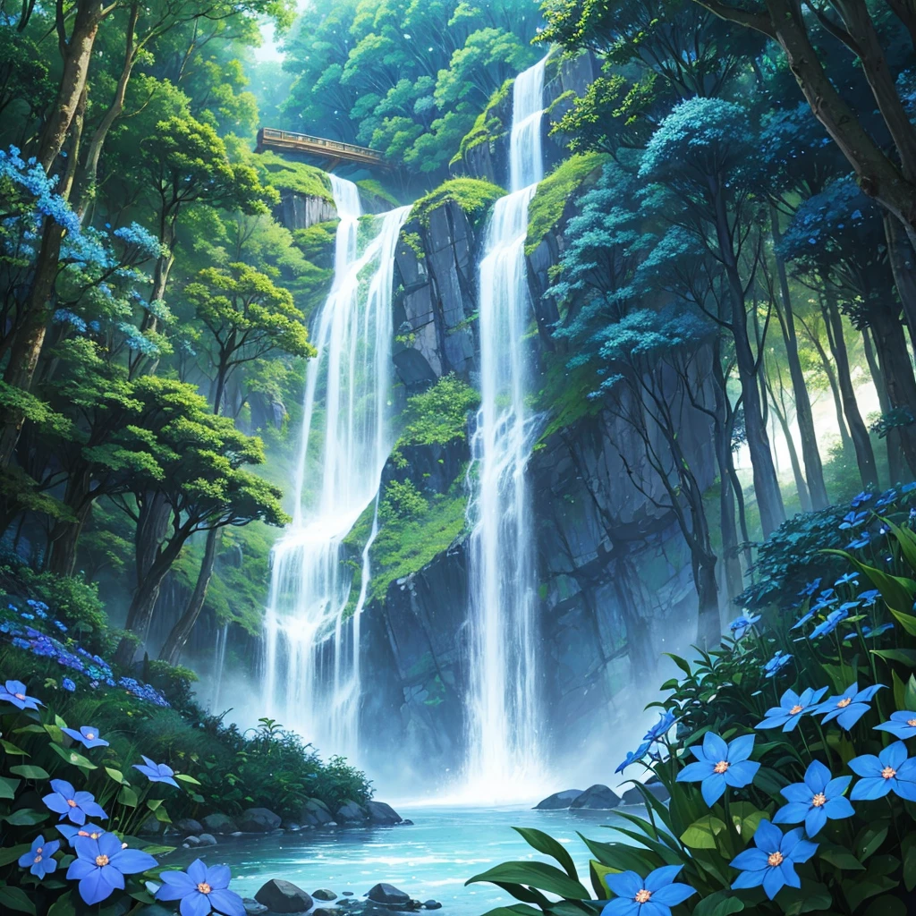 A mystical forest and a hidden waterfall with blue orbs and forget me not flowers