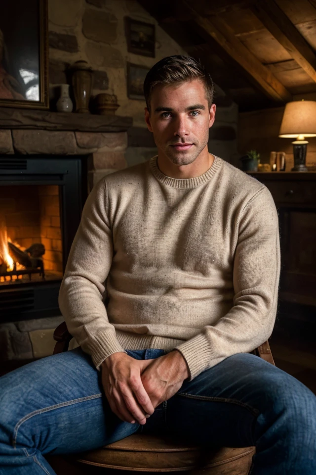 The prompt for Stable Diffusion: 

foto de mateo_Bosch, cashmere sweater, in the shelter, jeans, sitting by the fireplace, (best quality, 4k, 8k, highres, masterpiece:1.2), ultra-detailed, (realistic, photorealistic, photo-realistic:1.37), portraits, landscape, HDR, studio lighting, vivid colors, cozy atmosphere, warm glow.