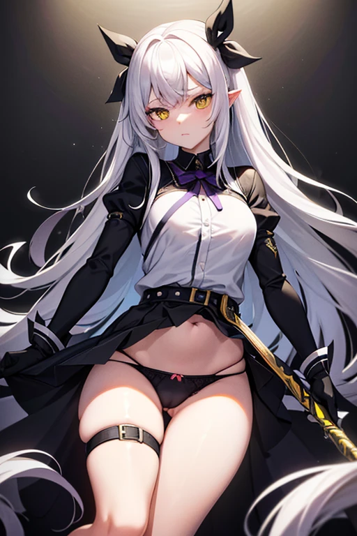 high quality、20generation((whole body、woman、Yellow Eyes、Black and white long hair、Short shirt with a hem、Black gloves、Belt with holster、stomach、Has a spear、A long black skirt that shows off your legs、Skirt flip、Purple ribbon、White underwear、Panties in full view、Clothes are not taken off、Erotic、)) background((Whiteboard)) Written boundary depth、Visual Arts、high resolution、beautiful