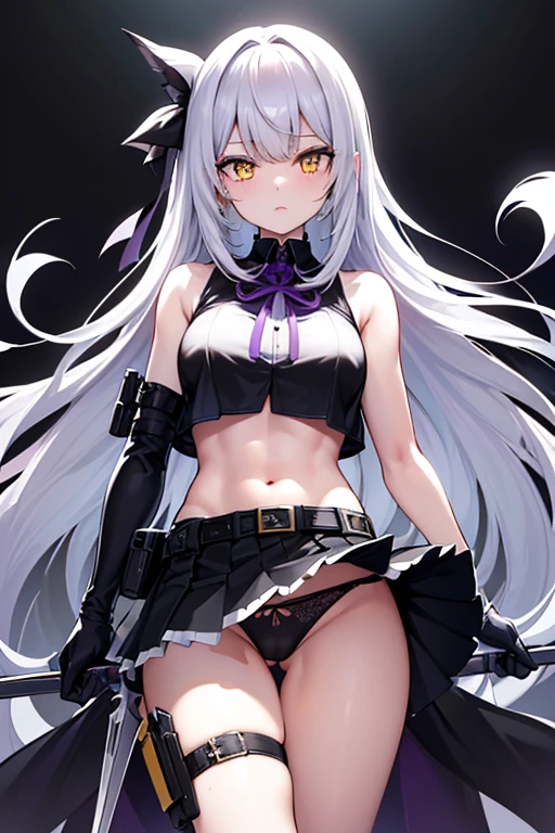 high quality、２０generation((whole body、woman、Yellow Eyes、Black and white long hair、Short shirt with a hem、Black gloves、Belt with holster、stomach、Has a spear、A long black skirt that shows off your legs、Skirt flip、Purple ribbon、White underwear、Panties in full view、Clothes are not taken off、Erotic、)) background((Whiteboard)) Written boundary depth、Visual Arts、high resolution、beautiful