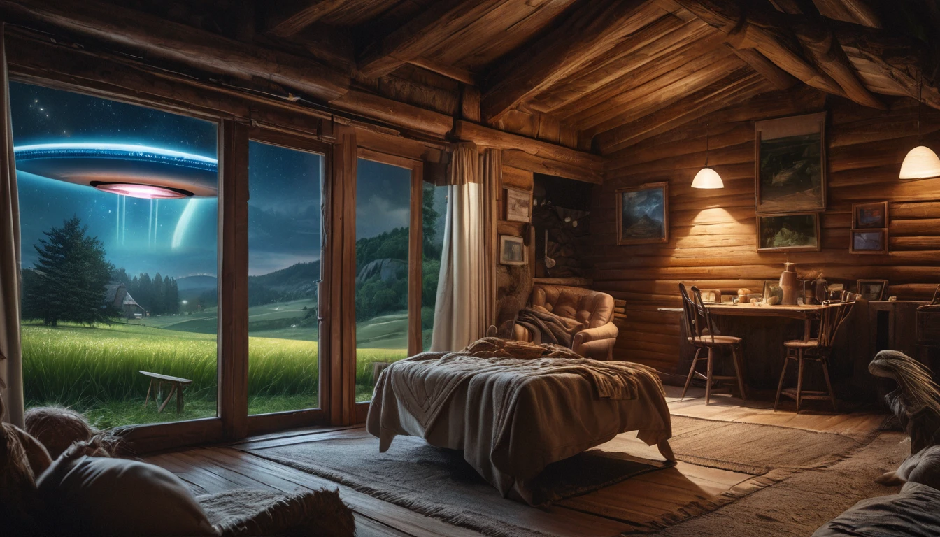 (best quality,4k,8k,highres,masterpiece:1.2),ultra-detailed,(realistic,photorealistic,photo-realistic:1.37),UFO floating,night scene,small farmhouse,extraterrestrial visitors,soft illuminating glow,peaceful countryside,shimmering stars,tranquil atmosphere,eerie silence,subtle moonlight,gentle breeze, farmhouse surrounded by a vast open field,large windows on the house,slightly ajar wooden door,typical barn in the distance,crisp night air,countryside tranquility,new moon,illuminated UFO flying saucer shimmering with a soft light,aliens observing,beam of light coming from the UFO,mesmerizing and unknown technology,extraterrestrial presence,cosmic mystery,hidden secrets,breathtaking surreal scene,mystical encounter,awe-inspiring close encounter,remote location,hushed whispers of the wind,lush green grass,serene ambiance,enchanted night sky,supernatural phenomenon,every blade of grass swaying gently