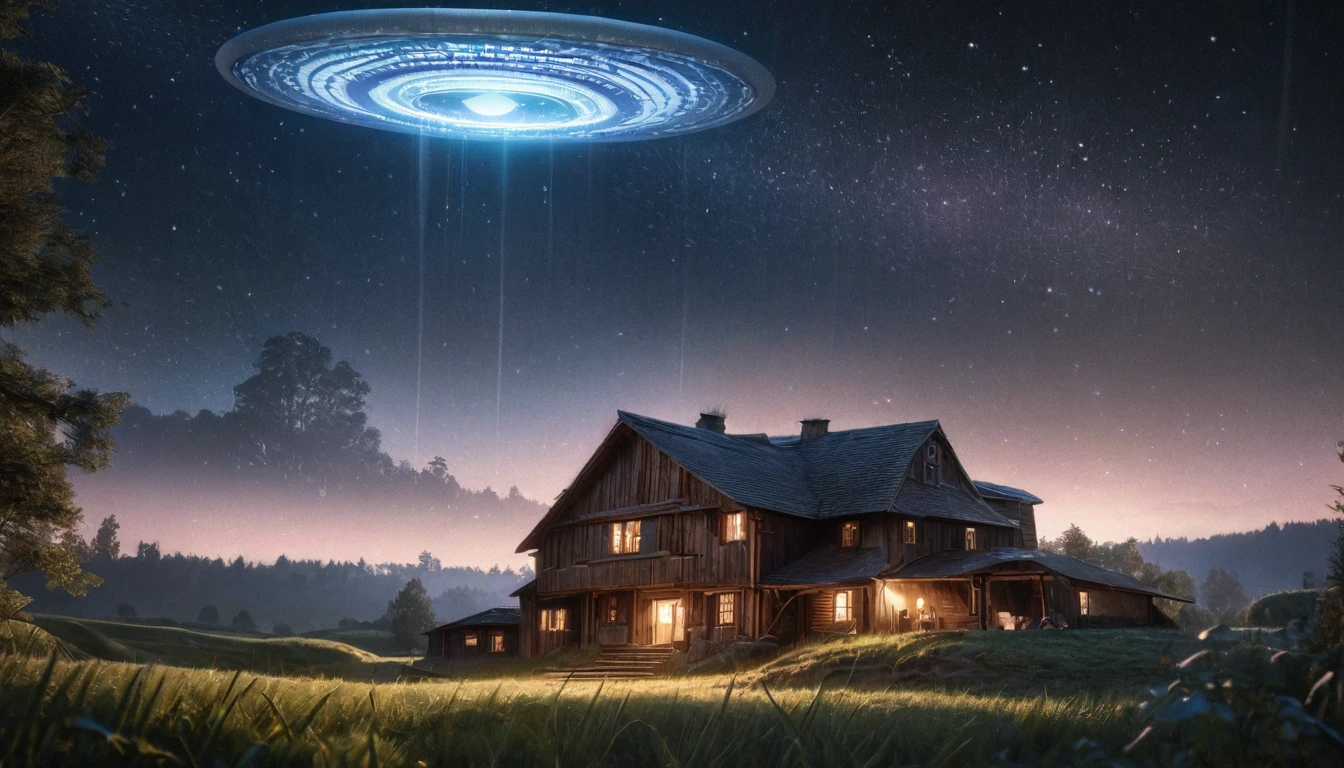 (best quality,4k,8k,highres,masterpiece:1.2),ultra-detailed,(realistic,photorealistic,photo-realistic:1.37),UFO floating,night scene,small farmhouse,extraterrestrial visitors,soft illuminating glow,peaceful countryside,shimmering stars,tranquil atmosphere,eerie silence,subtle moonlight,gentle breeze, farmhouse surrounded by a vast open field,large windows on the house,slightly ajar wooden door,typical barn in the distance,crisp night air,countryside tranquility,new moon,illuminated UFO flying saucer shimmering with a soft light,aliens observing,beam of light coming from the UFO,mesmerizing and unknown technology,extraterrestrial presence,cosmic mystery,hidden secrets,breathtaking surreal scene,mystical encounter,awe-inspiring close encounter,remote location,hushed whispers of the wind,lush green grass,serene ambiance,enchanted night sky,supernatural phenomenon,every blade of grass swaying gently