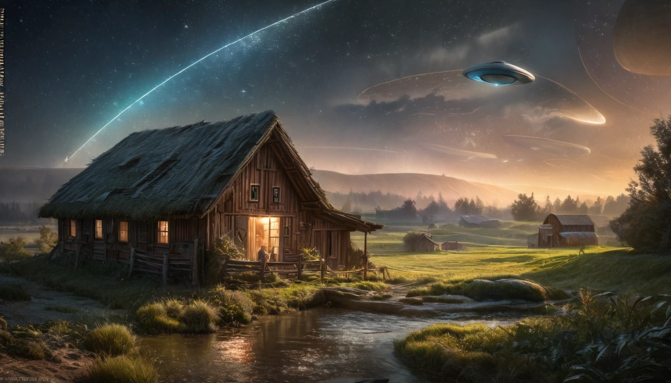 (best quality,4k,8k,highres,masterpiece:1.2),ultra-detailed,(realistic,photorealistic,photo-realistic:1.37),UFO floating,night scene,small farmhouse,extraterrestrial visitors,soft illuminating glow,peaceful countryside,shimmering stars,tranquil atmosphere,eerie silence,subtle moonlight,gentle breeze, farmhouse surrounded by a vast open field,large windows on the house,slightly ajar wooden door,typical barn in the distance,crisp night air,countryside tranquility,new moon,illuminated UFO flying saucer shimmering with a soft light,aliens observing,beam of light coming from the UFO,mesmerizing and unknown technology,extraterrestrial presence,cosmic mystery,hidden secrets,breathtaking surreal scene,mystical encounter,awe-inspiring close encounter,remote location,hushed whispers of the wind,lush green grass,serene ambiance,enchanted night sky,supernatural phenomenon,every blade of grass swaying gently