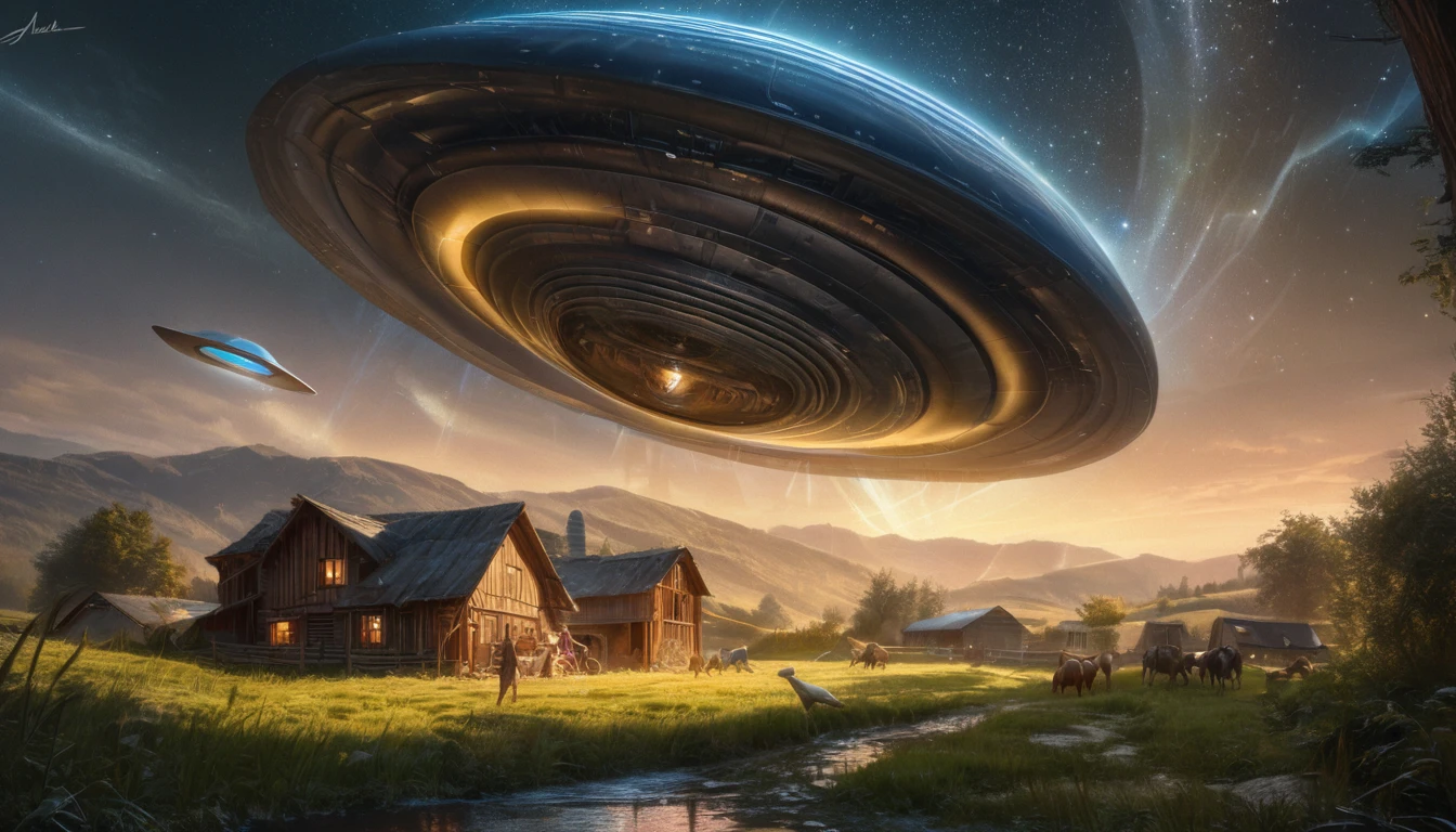 (best quality,4k,8k,highres,masterpiece:1.2),ultra-detailed,(realistic,photorealistic,photo-realistic:1.37),UFO floating,night scene,small farmhouse,extraterrestrial visitors,soft illuminating glow,peaceful countryside,shimmering stars,tranquil atmosphere,eerie silence,subtle moonlight,gentle breeze, farmhouse surrounded by a vast open field,large windows on the house,slightly ajar wooden door,typical barn in the distance,crisp night air,countryside tranquility,new moon,illuminated UFO flying saucer shimmering with a soft light,aliens observing,beam of light coming from the UFO,mesmerizing and unknown technology,extraterrestrial presence,cosmic mystery,hidden secrets,breathtaking surreal scene,mystical encounter,awe-inspiring close encounter,remote location,hushed whispers of the wind,lush green grass,serene ambiance,enchanted night sky,supernatural phenomenon,every blade of grass swaying gently