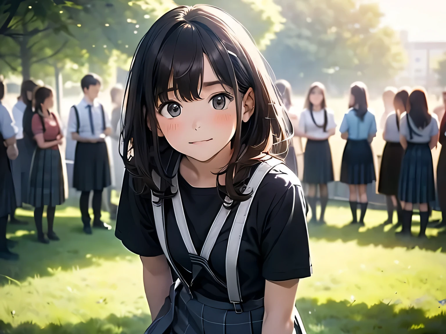 On the playground,Brown hair,looking at the audience,Black suspenders,Large bulging,lawn,Black mini skirt,gaze,Small face,Bangs,Beautiful woman,curious,Very long queue,College students queuing,Standing in line,argumentative