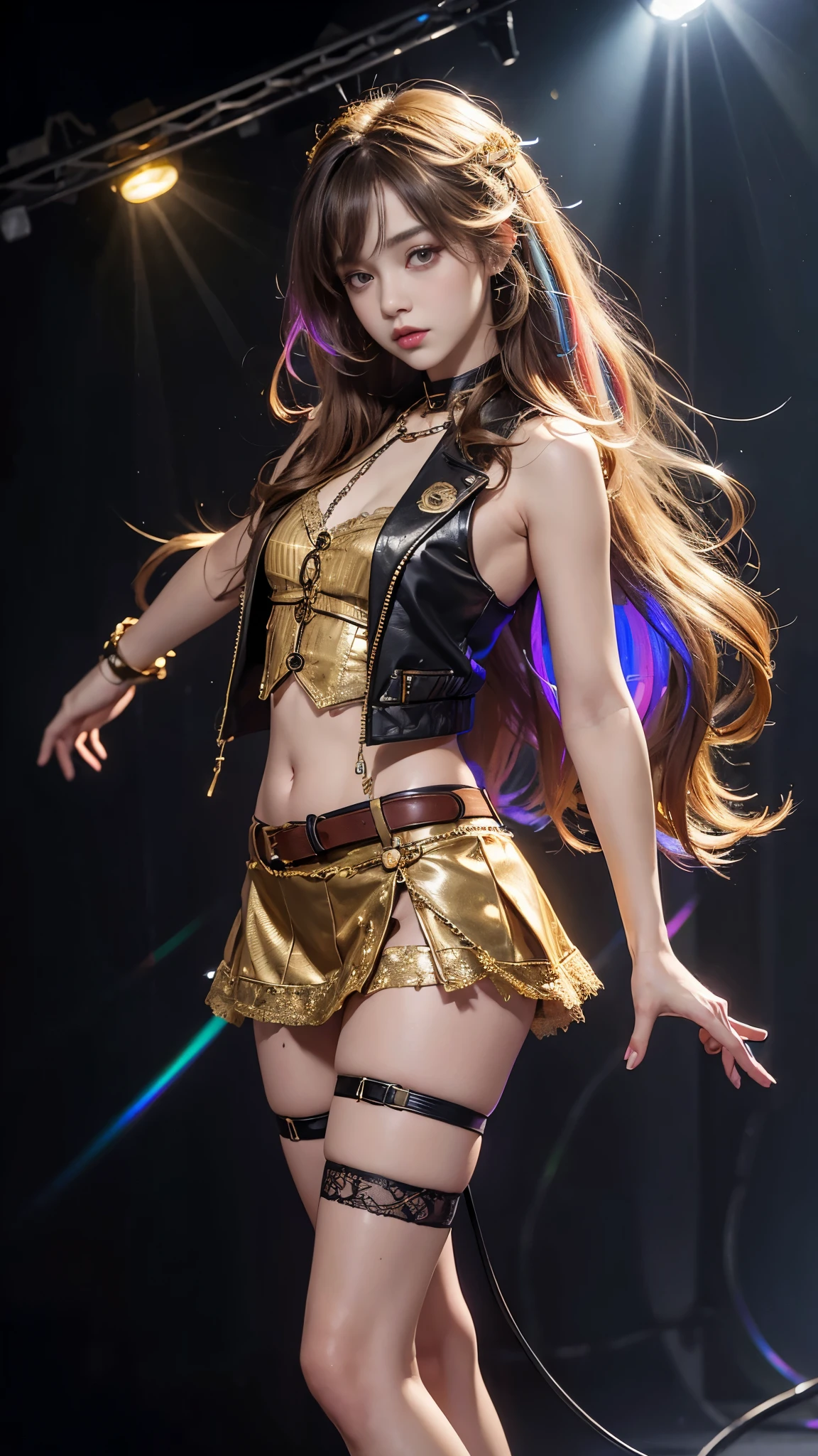 8K, ultra hd, masterpiece, hd colors, 1 girl, perfect face, very long curly hair, detailed eyes, rockstar outfit, ((golden jacket)), ((thin vest)), short mini skirt, belt:1.5, stocking, ((criss-cross lace)), ((chain)), stars, bare shoulder, bare stomach, jwellery, Realistic club, lighting stage, (spot light:1.5), night club, decorated stage, bulbs, (colorful light:1.5), bloom lighting, foggy effect, award winning pose,