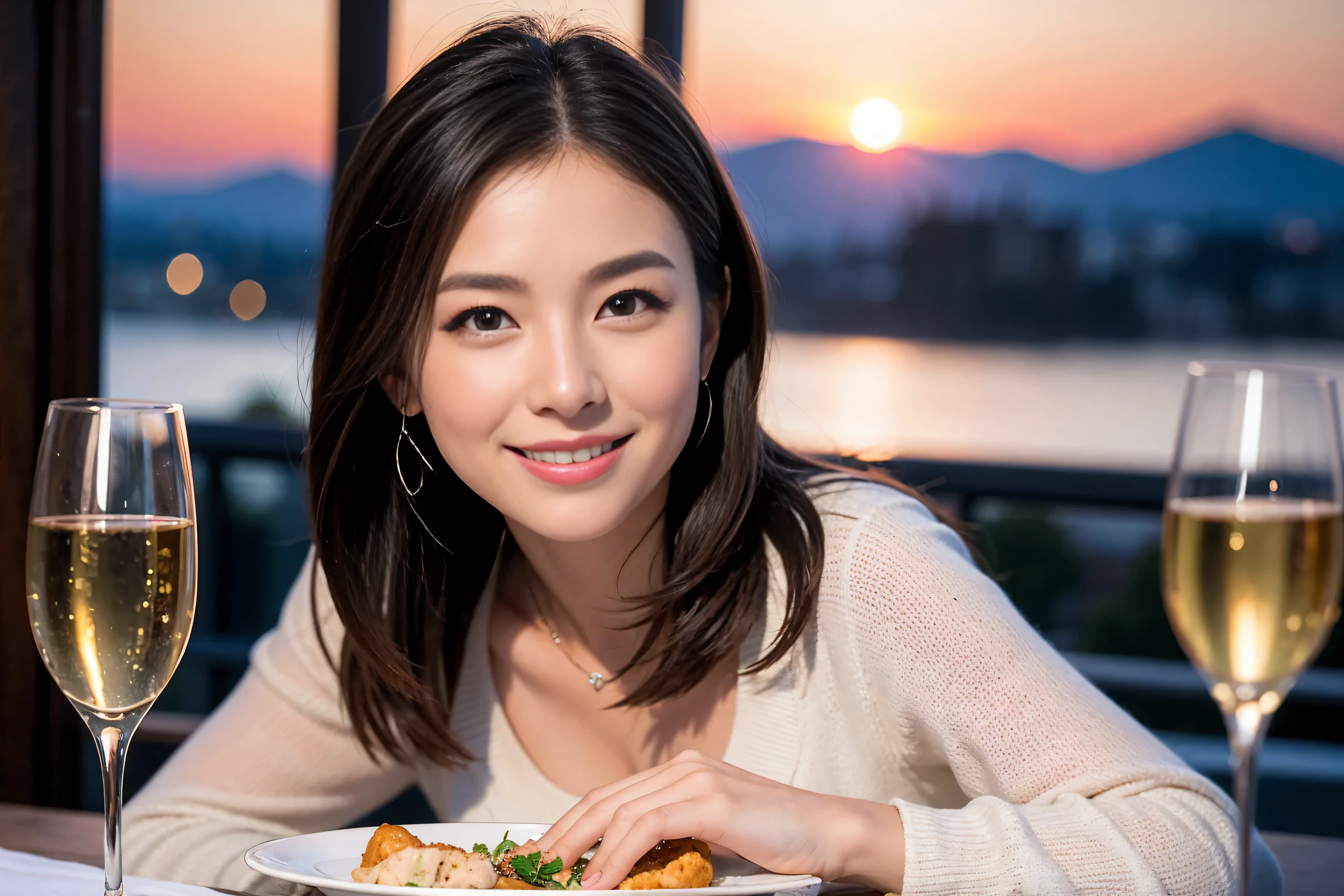 ((highest quality、8k、masterpiece:1.3))、Sharp focus:1.2、Beautiful woman perfect body:1.4、Slim body、((Bob Hale、Straight hair:1.2))、(to be born, highest quality, masterpiece:1.5), (Realistic, Intricate details:1.2), Ultra-high resolution, shine a light on your face、Spectacular view of the sunset sky and clouds、Amazing mountain views、A bright smile、wine glass、red wine 、Appetizer、Italian food、Wine bottle、Champagne、sparkling wine、, Beautiful Face, blue eyes, The light shines on your face, Blushing, short hair,Bright Face、Fox face、 (36 years old), 39 years old, Lady、Two beauties、Brown Hair、Shortcuts、Long sleeve shirt、dress、Pretty Woman 1, (slim face), (The body is slim), (Brown Hair), (Shortcuts), cheeks turn a little red,Attractive beauty、, Out of the window, A beautiful and detailed night view unfolds.........., restaurant, In a prominent place (From the waist up) Nova Frog Style, actress, model, Upper Body, White wine, slim, wine glass, A wine glass placed in the middle, smile, (smile: 1.15), Beautiful fine grain, Depth f/2,saturation, High Contrast, Strong light and shadow,Moist Body:1.5、3D texture、Delicate eyes、Brown Hair、The hair is very shiny、