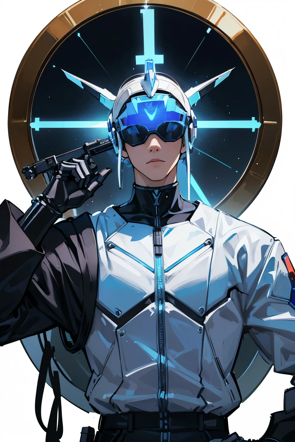 Masterpiece, Highest quality, Detailed,Nebula, 4k, Mechanical,Mecha, Cyberpunk,Darkness, (Mechanical structure:1.5),TRPG, (1 male), android, machine, (((a pistol))), robot, sci-fi, large, white clothing, silent, inorganic, human face, cycling eyewear, (((mirror lenses))), ((half-body)), HD face, a men who is twenty-five years old, (((white background))), simple background, xenosaga, KOS-MOS, (muscular), standing bolt upright, Eye Level, ((body shot)), cyberpunk headgear, adult, close up