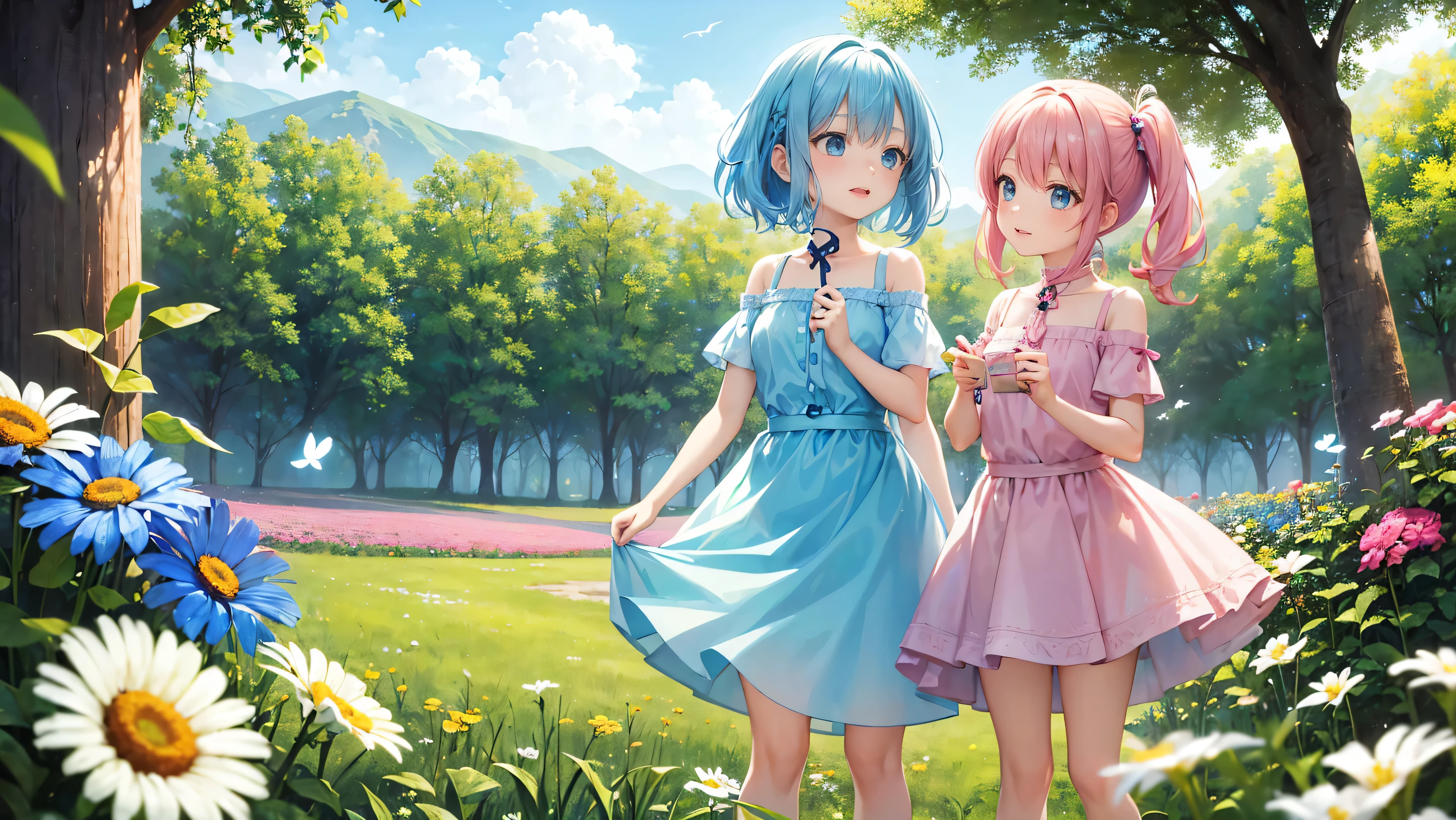 Two pure and innocent girls、、2 people(One with pink hair、1 Name Light Blue Hair)、Cute face、Beautiful Eyes、Natural beauty、Warm sunshine、Wildflowers swaying in the breeze々Surrounded by、Enjoying time in the fields。Butterflies and birds fly around her、Creates a playful atmosphere。