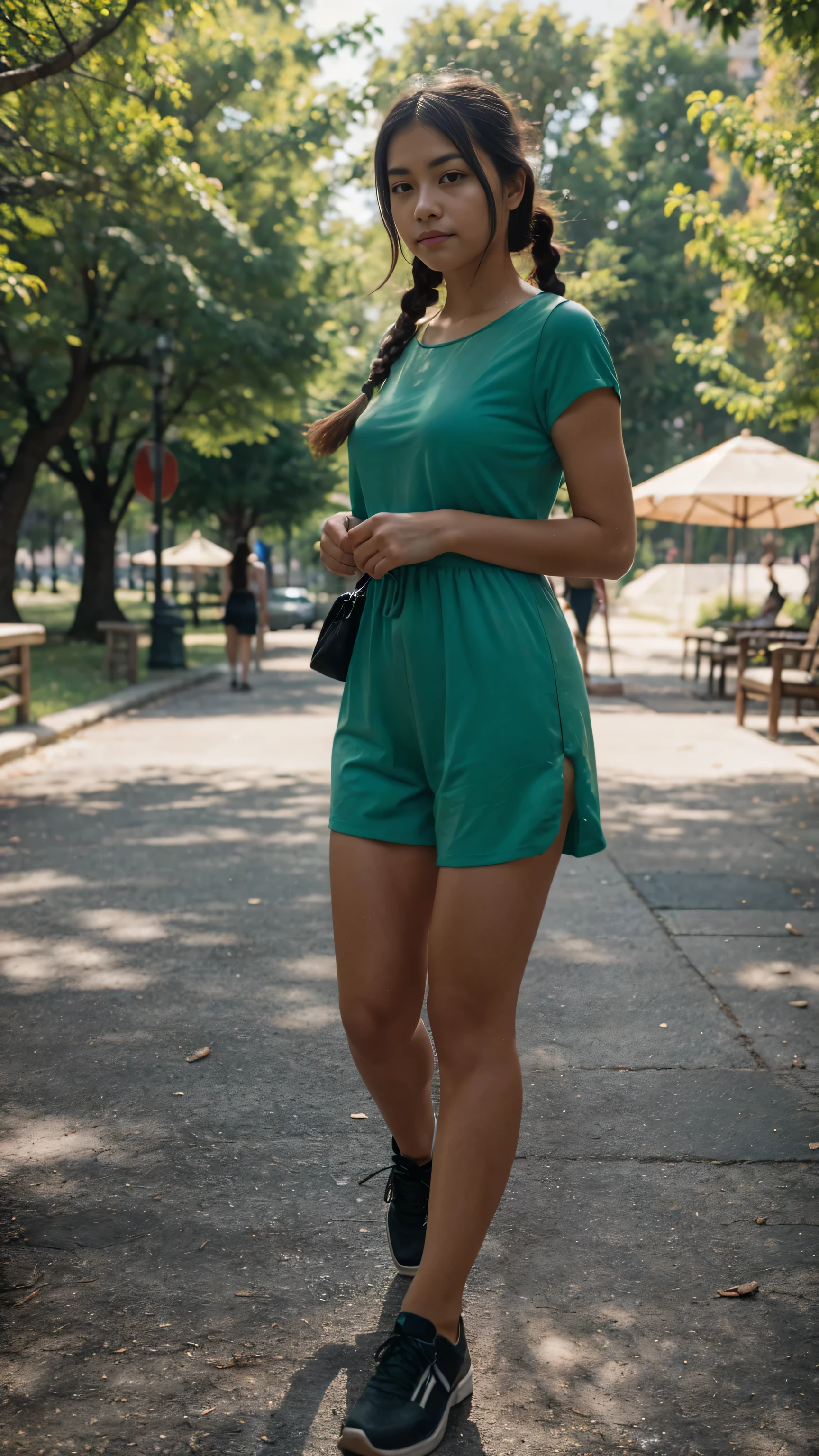 an Asian woman, chubby, hair in two braids and straight bangs wearing a green short-sleeved blouse with a layer of flat shoes walking in the park while leading a bicycle looking at the camera
