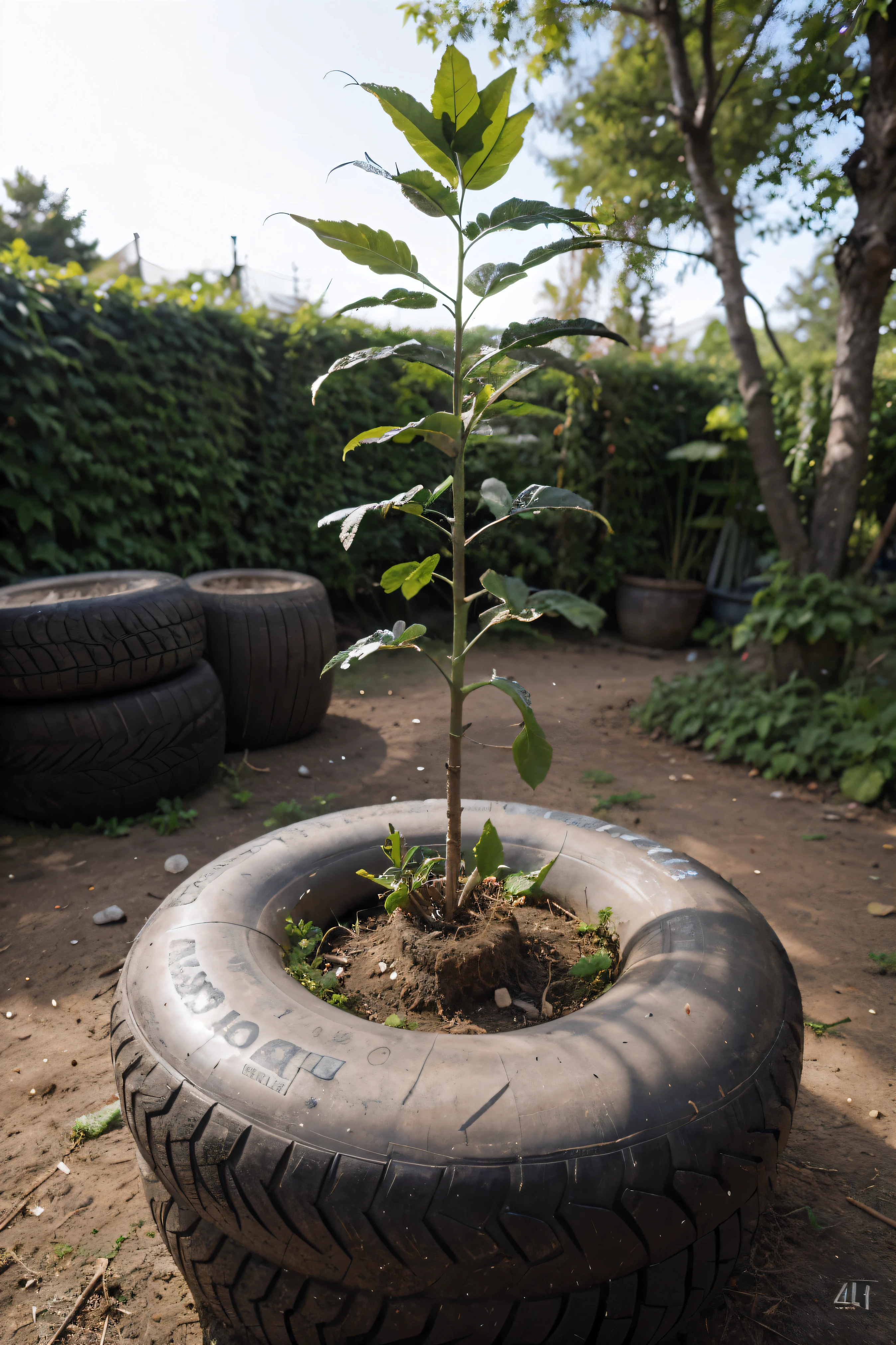 (best quality,4k,8k,highres,masterpiece:1.2),ultra-detailed,(realistic,photorealistic,photo-realistic:1.37),vibrant greenery,plant emerging,growing out of a tire,tires symbolizing sustainability, detailed textures,[sustainable:0.9],[eco-friendly:0.9],[renewable:0.9],one tyre,centre of the image,dynamic composition,pleasant sunlight,rich shadows,artistic depth,immersive experience,crisp details,emphasized patterns,organic growth,tire texture,leafy branches,delicate tendrils,root system,life force,strong and healthy growth,refreshing atmosphere,blossoming flowers,positive energy,natural harmony,abundance of leaves,botanical motif,fresh air,environmental consciousness.