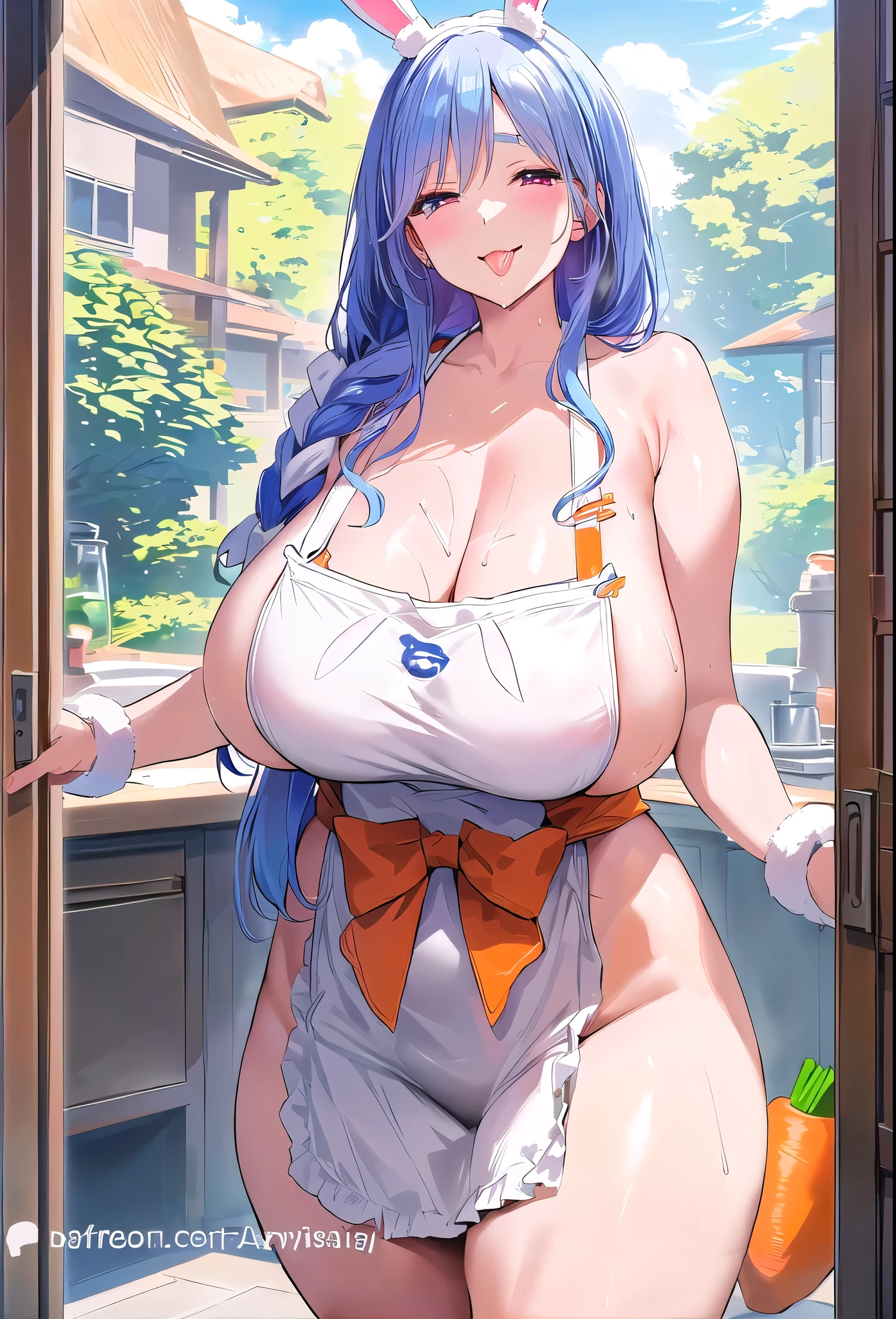Anime character with blue hair and bunny ears posing in the kitchen, (SFW) Safe at Work, tits, biomechanical tits, , Pixiv 3DCG, Marin Kitagawa Fanart, have large breasts, tits proportions, , SFW version, have large breasts, In the kitchen, Top rated on pixiv、Sticking out tongue、両手でtitsを寄せる